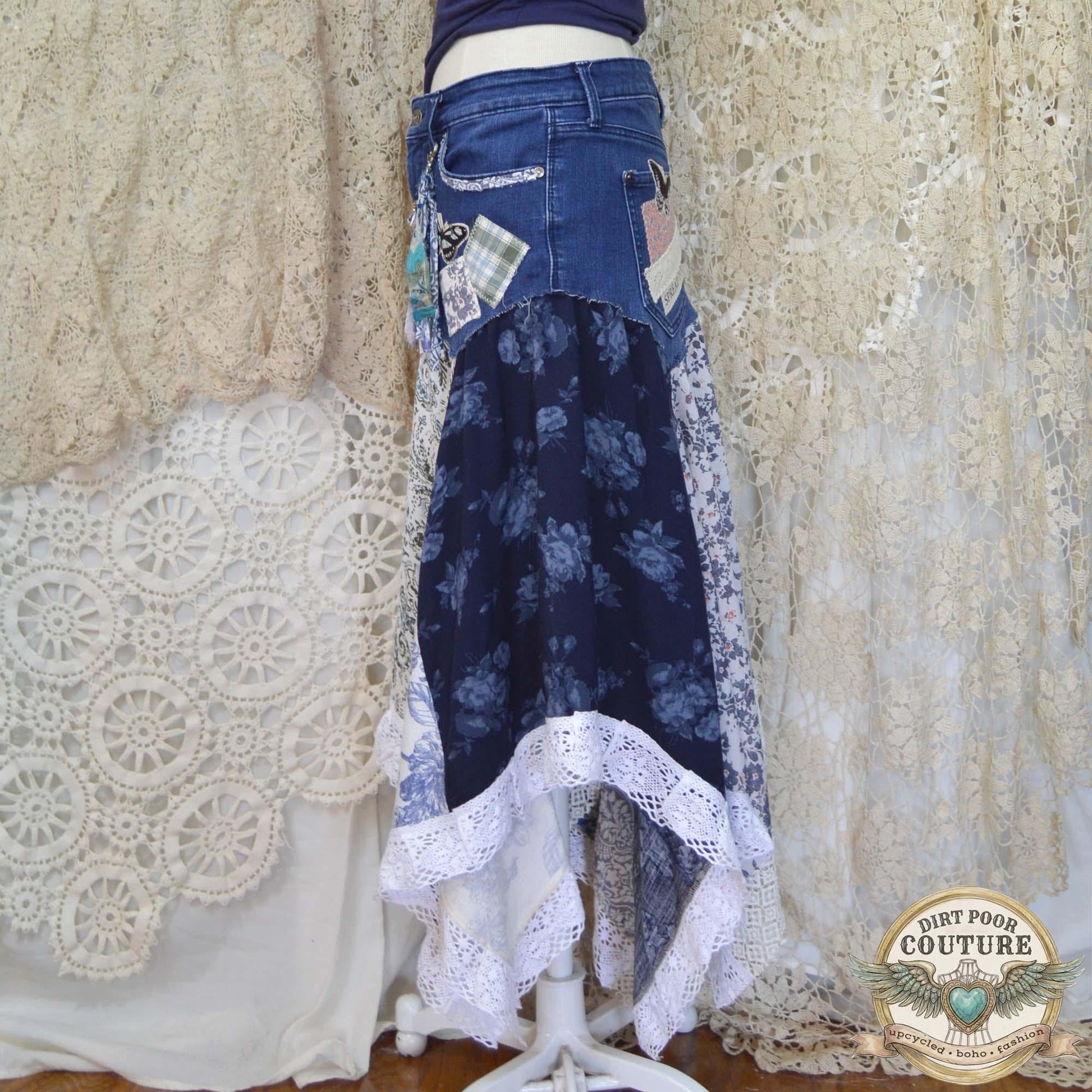 Blue Scrappy Patchwork Skirt, Shades of Blues, One-of-a-Kind Boho Hi Low Maxi Skirt, Custom Made to Order