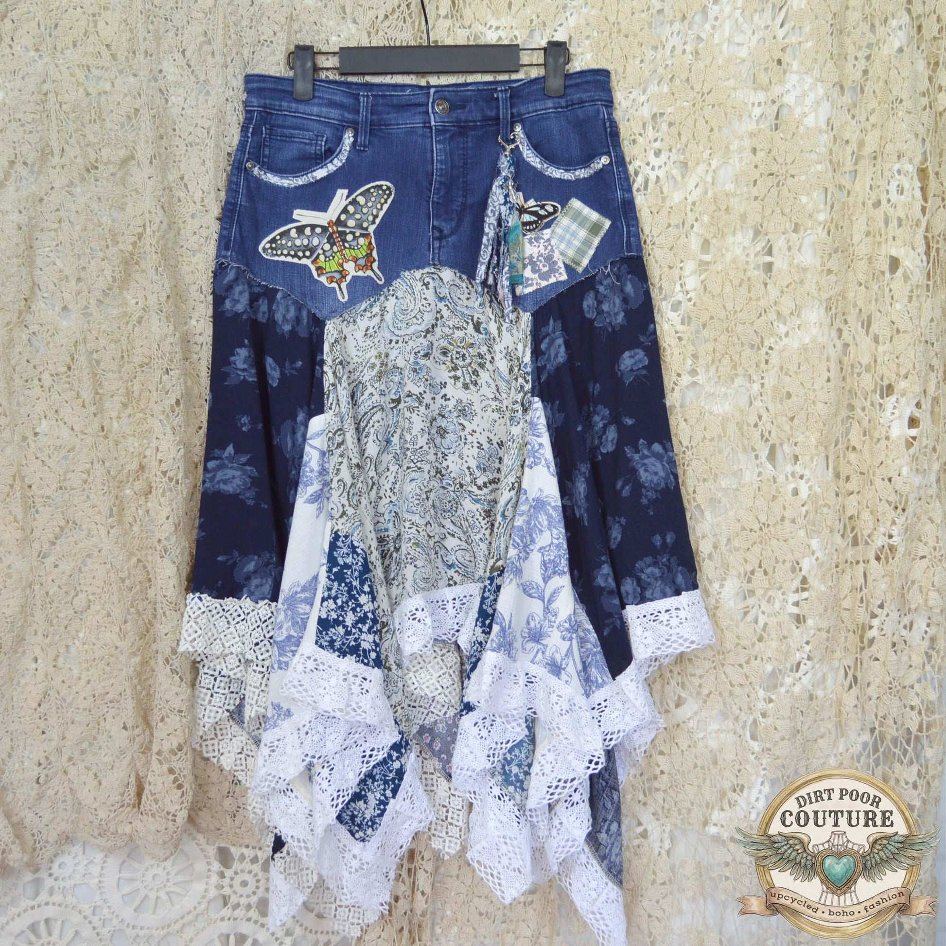 Blue Scrappy Patchwork Skirt, Shades of Blues, One-of-a-Kind Boho Hi Low Maxi Skirt, Custom Made to Order