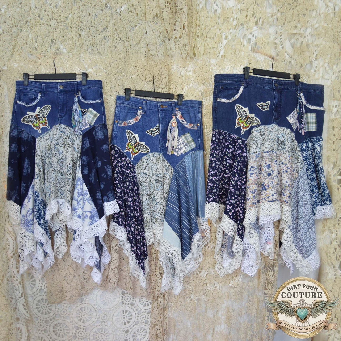 Blue Scrappy Patchwork Skirt, Shades of Blues, One-of-a-Kind Boho Hi Low Maxi Skirt, Custom Made to Order