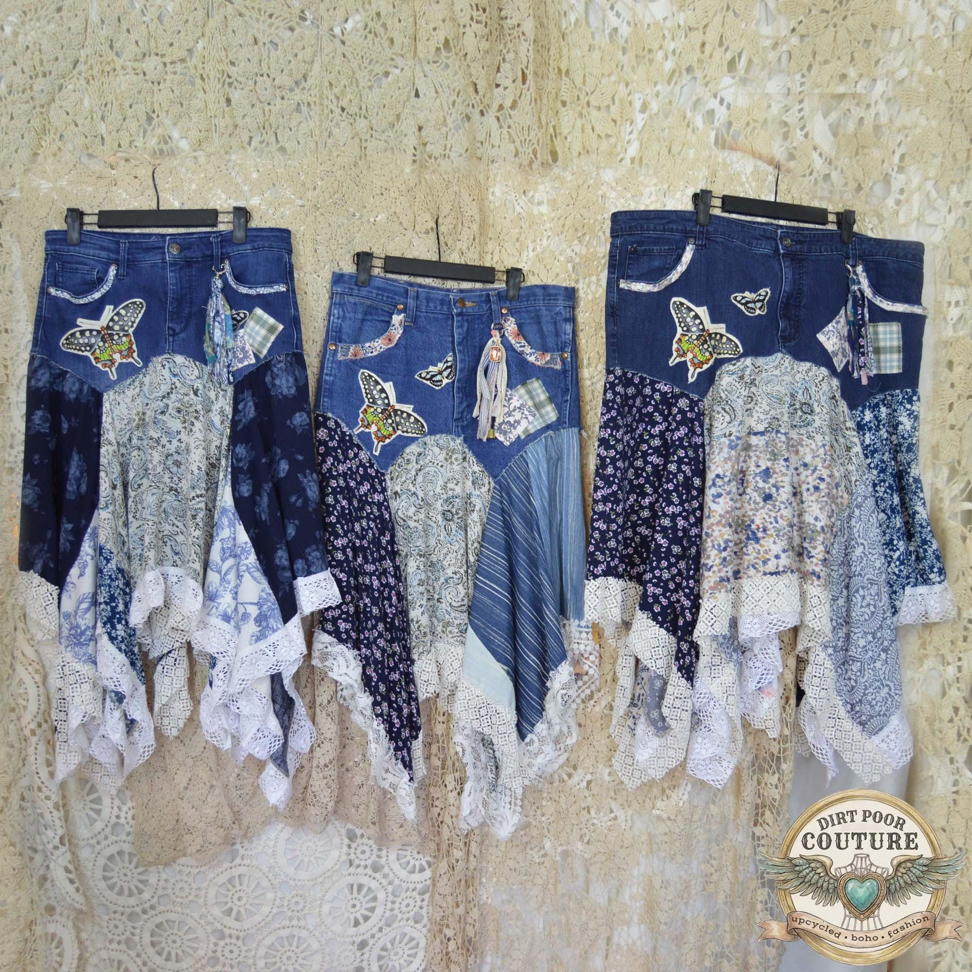 Blue Scrappy Patchwork Skirt, Shades of Blues, One-of-a-Kind Boho Hi Low Maxi Skirt, Custom Made to Order