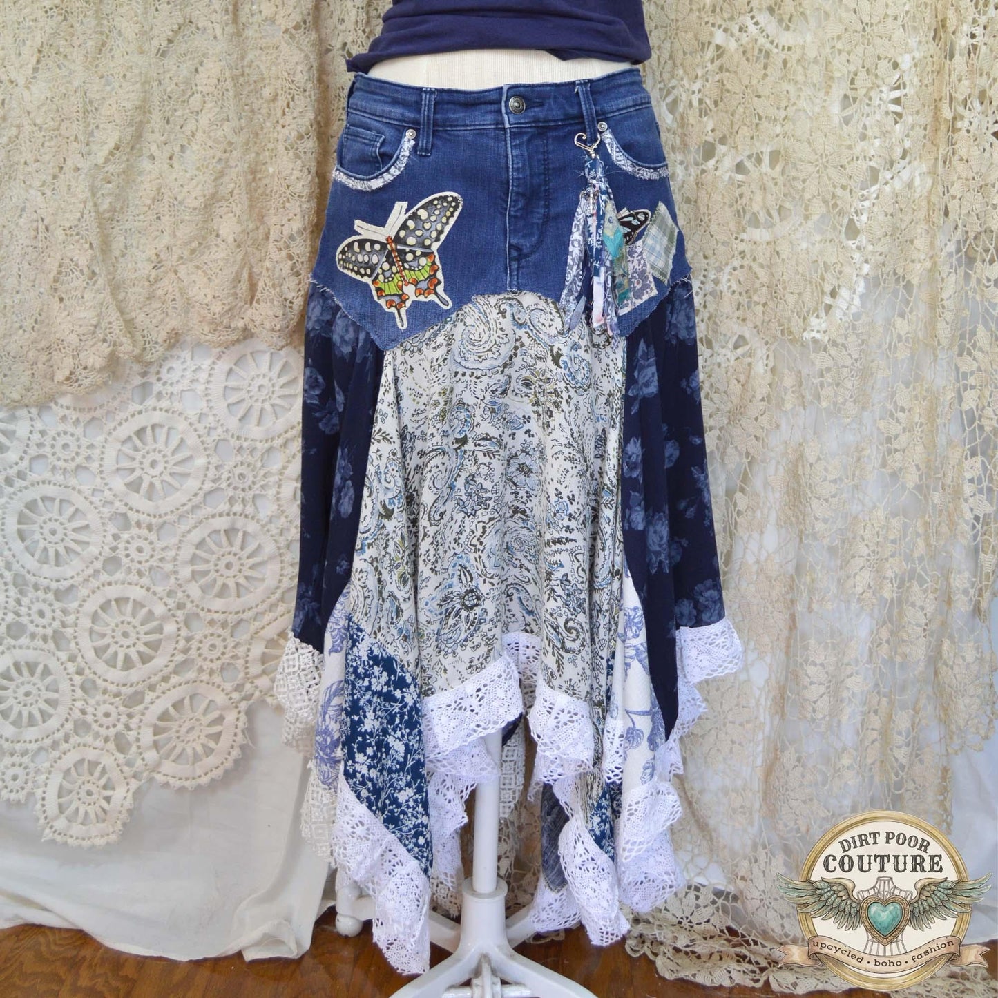 Blue Scrappy Patchwork Skirt, Shades of Blues, One-of-a-Kind Boho Hi Low Maxi Skirt, Custom Made to Order