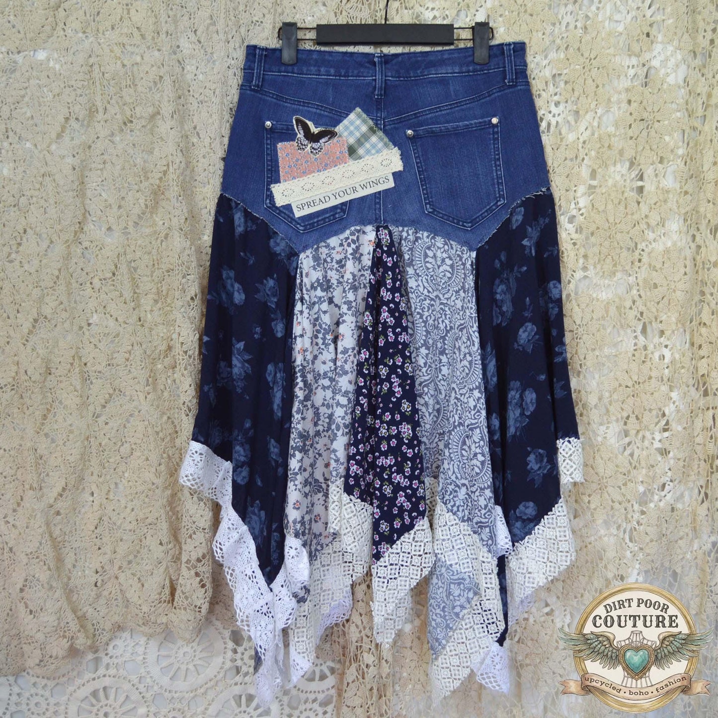 Blue Scrappy Patchwork Skirt, Shades of Blues, One-of-a-Kind Boho Hi Low Maxi Skirt, Custom Made to Order