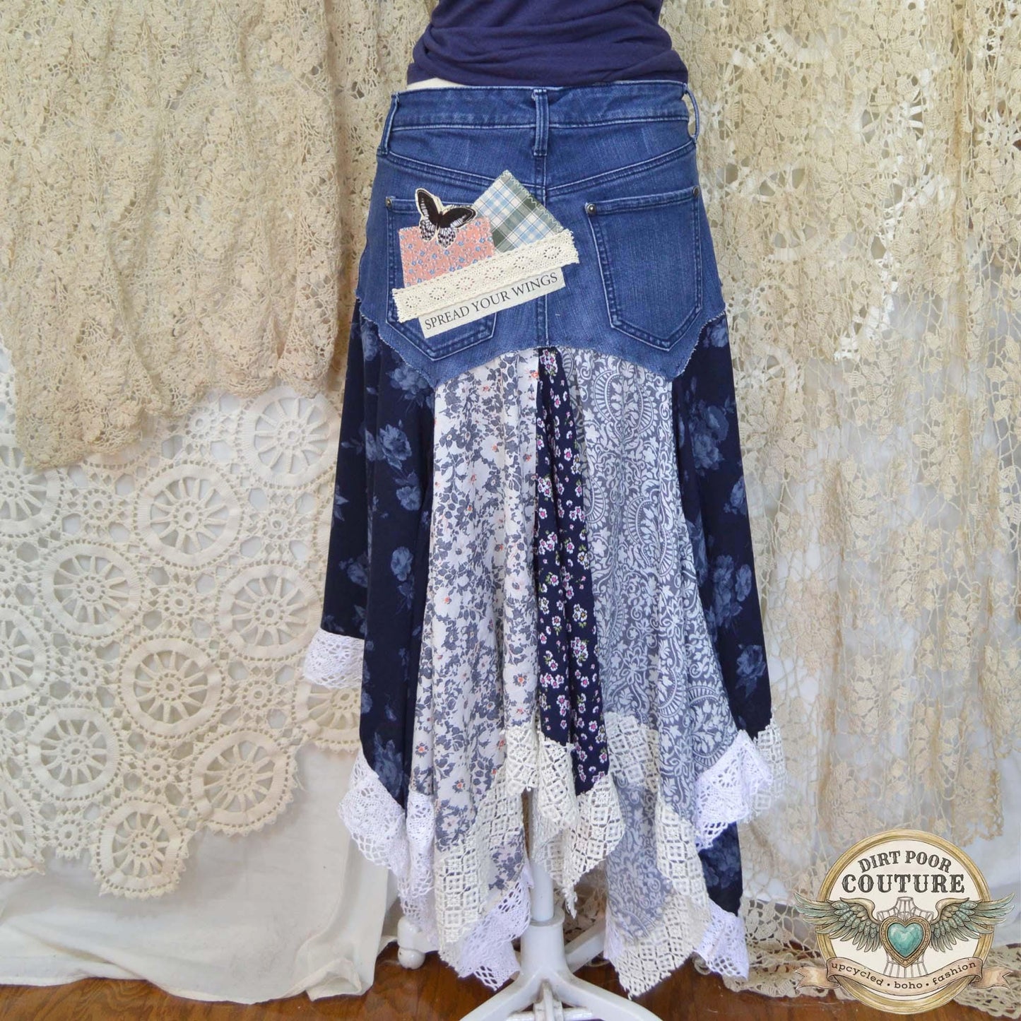 Blue Scrappy Patchwork Skirt, Shades of Blues, One-of-a-Kind Boho Hi Low Maxi Skirt, Custom Made to Order