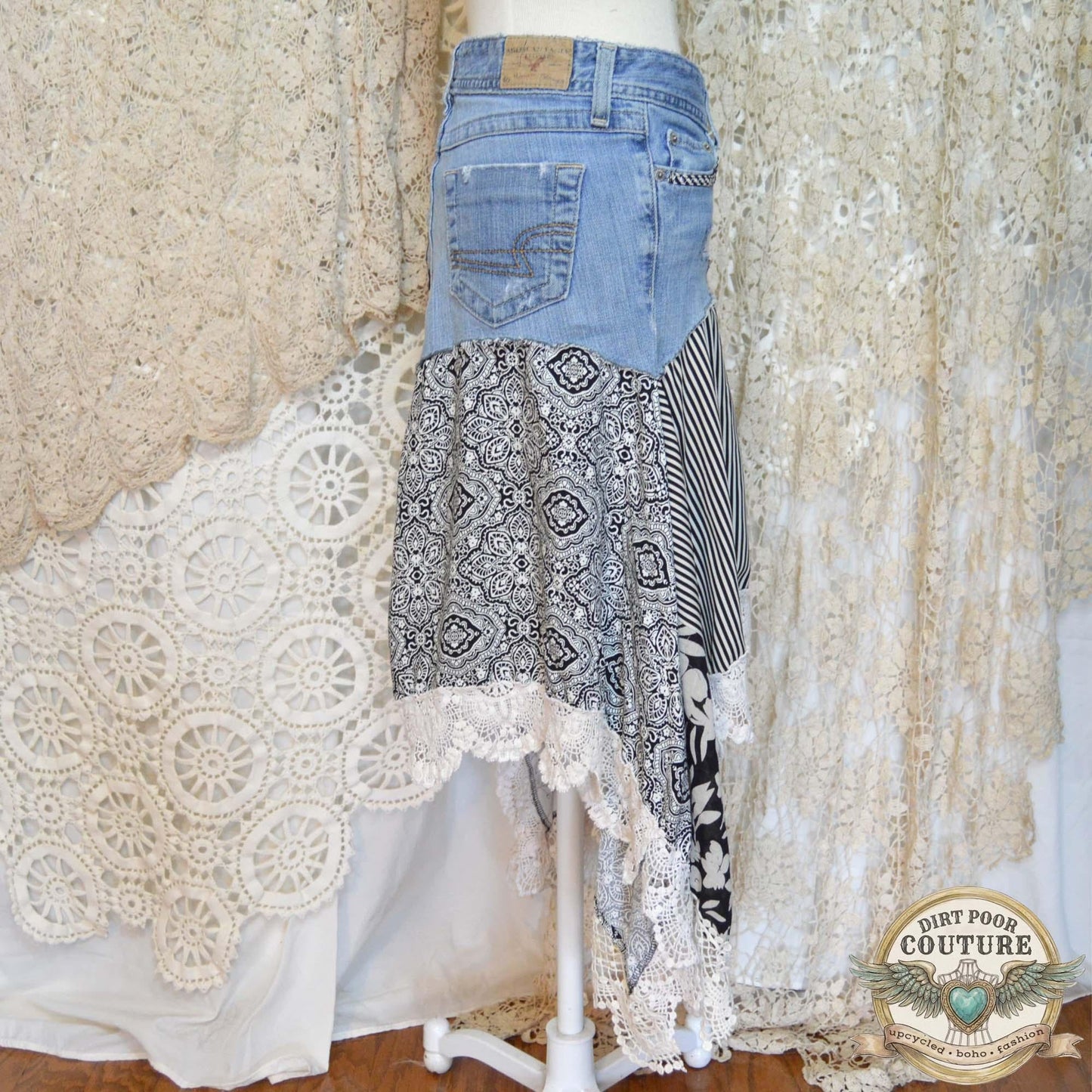 Black and White Scrappy Patchwork Skirt, Rose Applique, One-of-a-Kind, Boho, Hi Low Skirt, Made to Order Size 4 to Plus