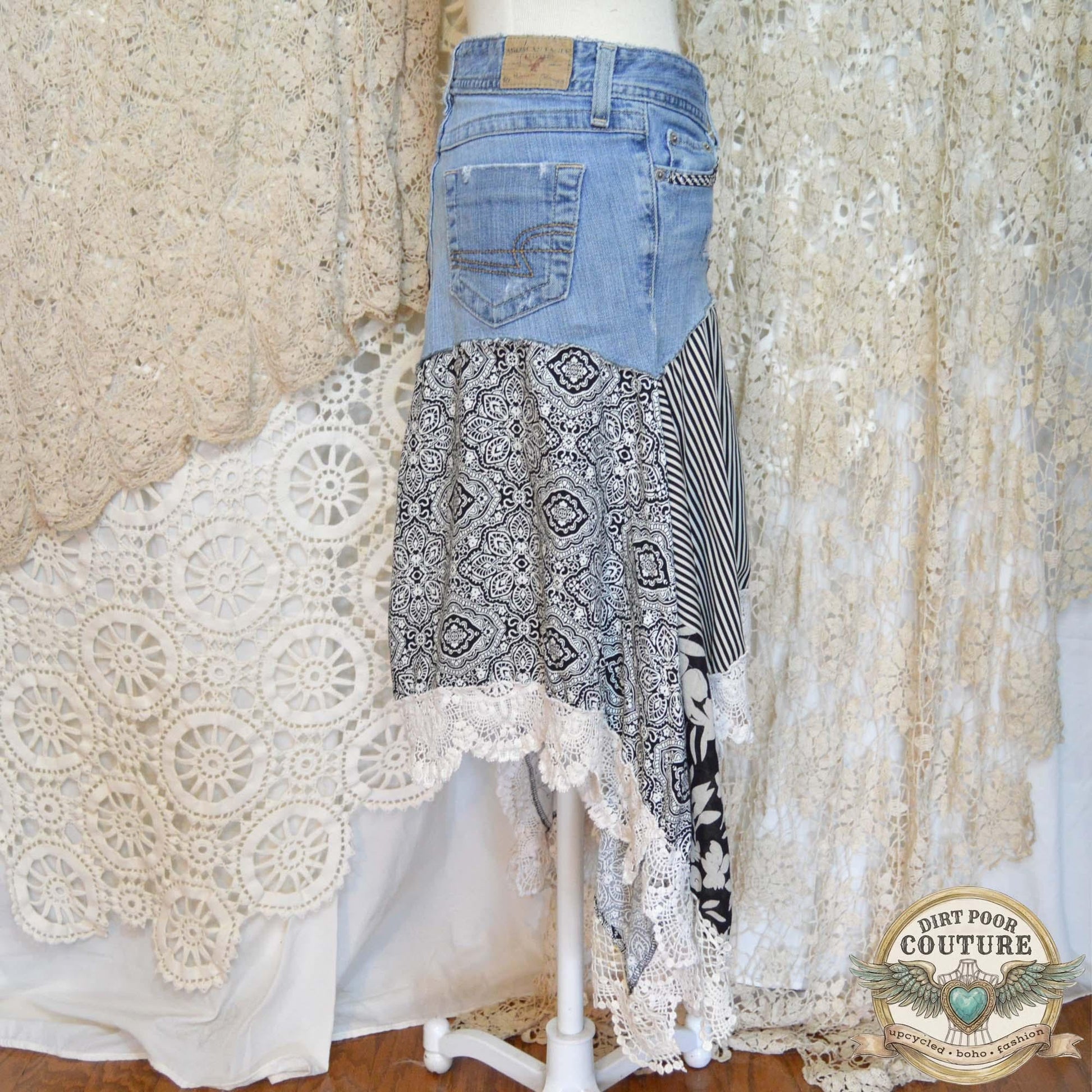 Black and White Scrappy Patchwork Skirt, Rose Applique, One-of-a-Kind, Boho, Hi Low Skirt, Made to Order Size 4 to Plus
