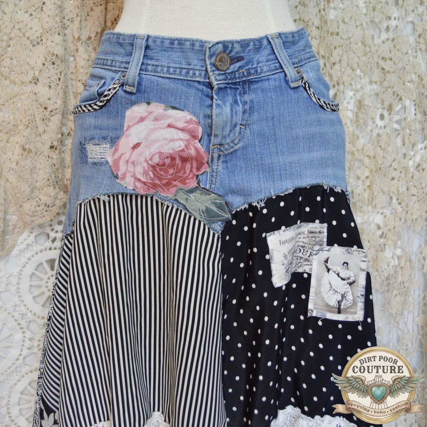 Black and White Scrappy Patchwork Skirt, Rose Applique, One-of-a-Kind, Boho, Hi Low Skirt, Made to Order Size 4 to Plus