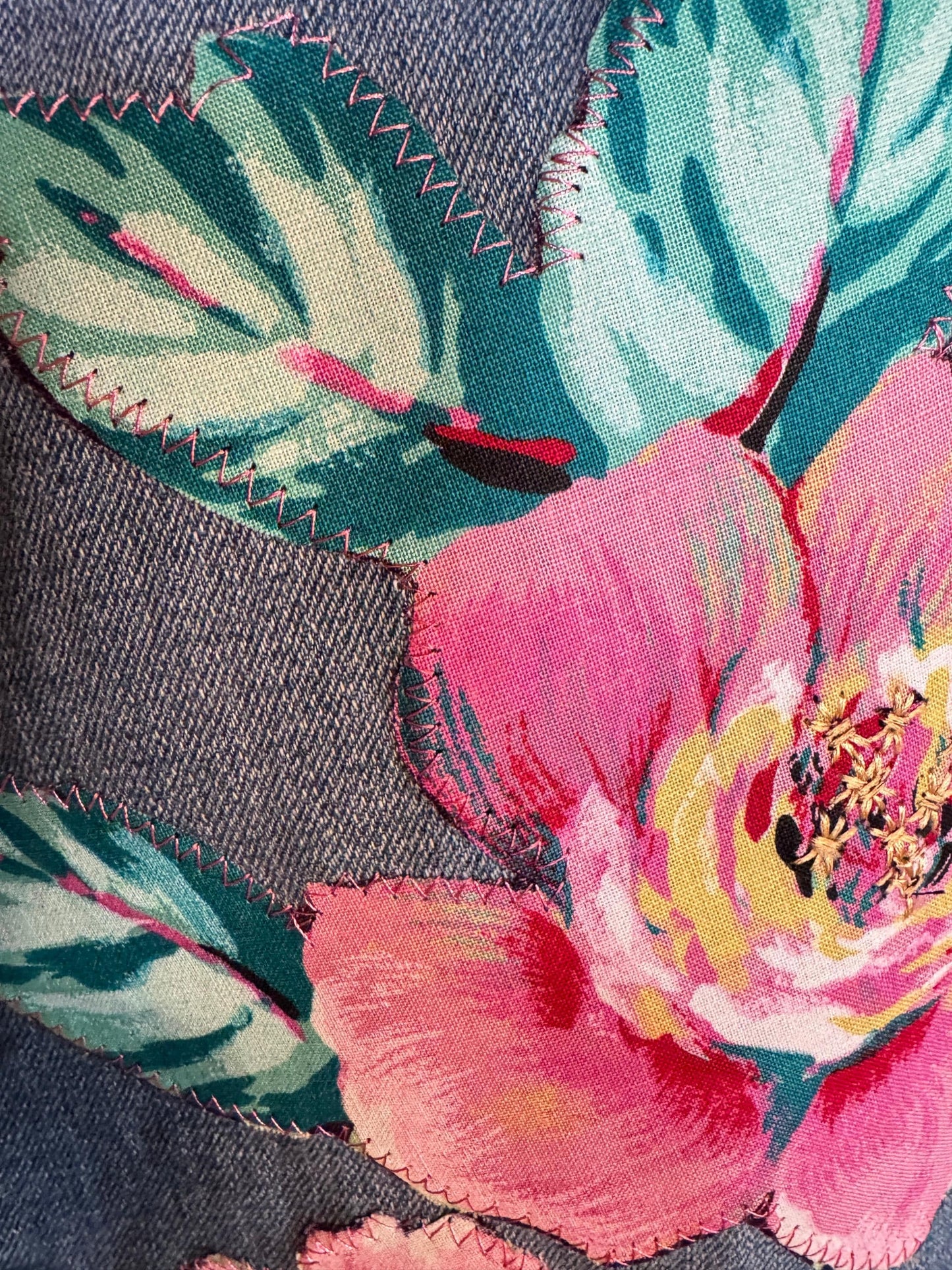 Upcycled Old Navy Boyfriend Jeans Size 12 – Pink Hibiscus Floral Patchwork, Vintage Brooch