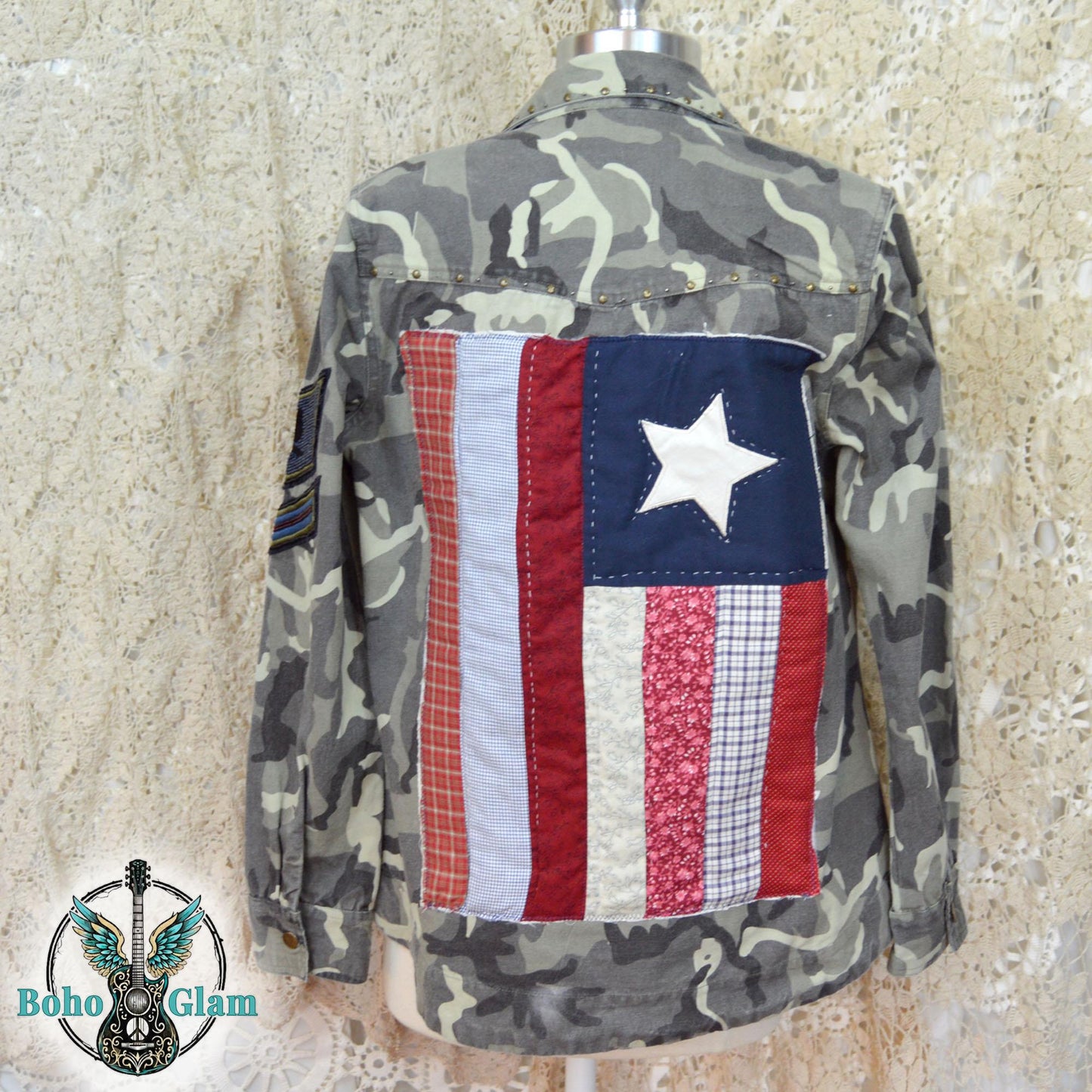 Upcycled Camo Jacket, Quilted American Flag Appliqué, Boho Military Style, Stars & Stories