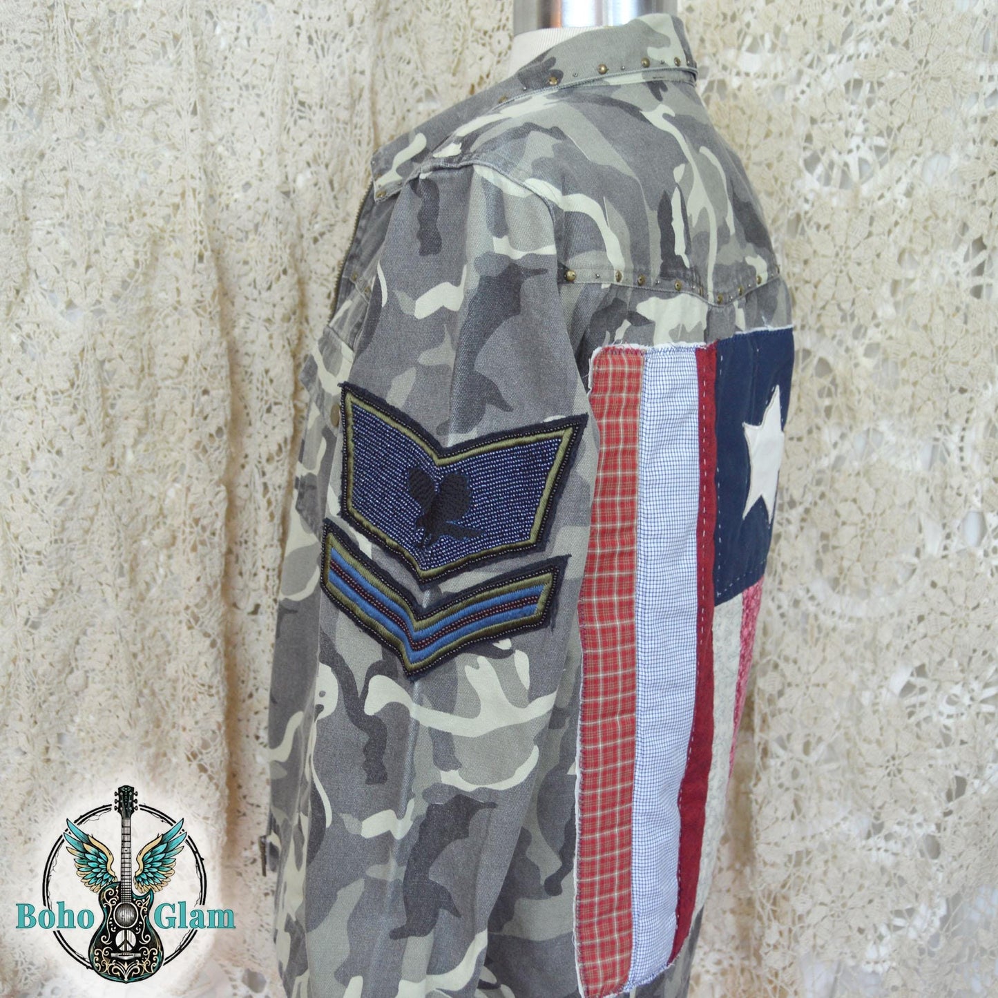 Upcycled Camo Jacket, Quilted American Flag Appliqué, Boho Military Style, Stars & Stories