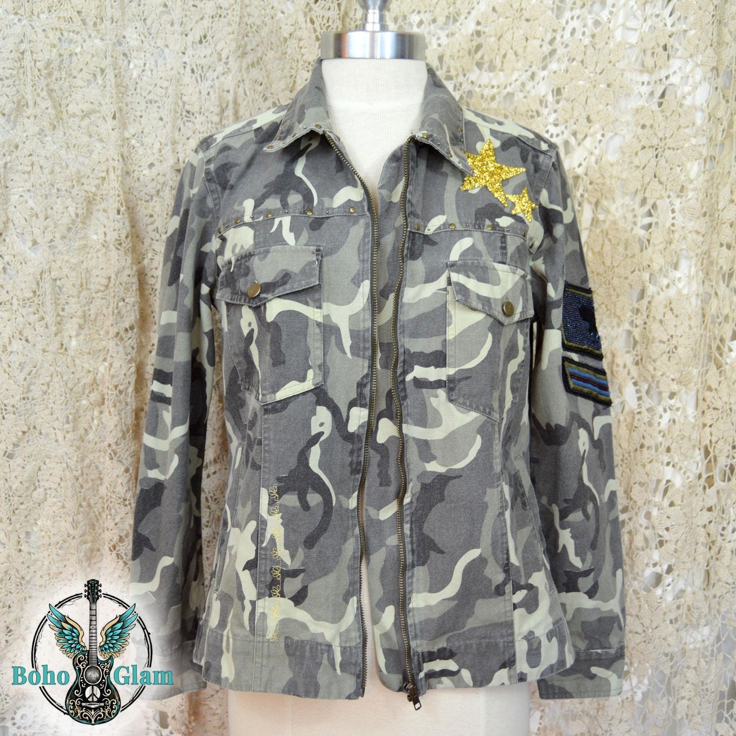 Upcycled Camo Jacket, Quilted American Flag Appliqué, Boho Military Style, Stars & Stories