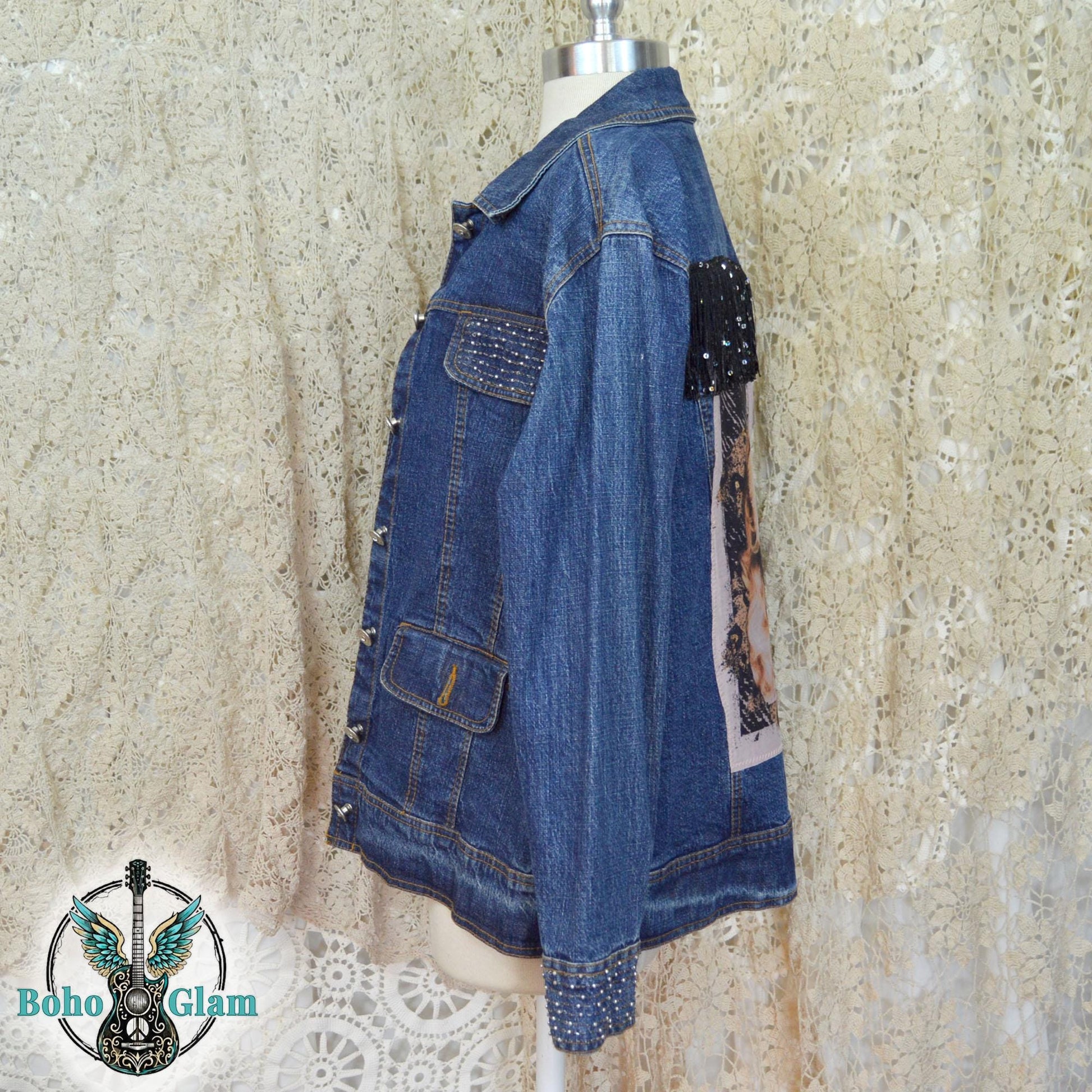 Dolly Inspired Denim Jacket, Upcycled Sequin Fringe Concert Wear