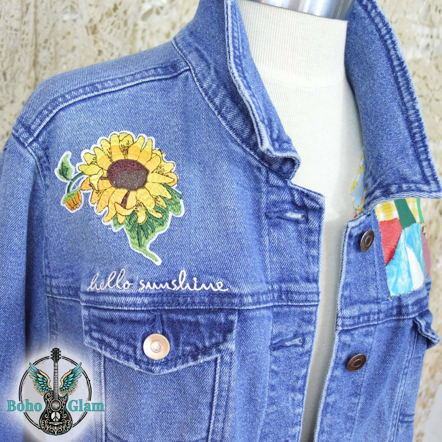 Upcycled Denim Jacket, Sunshine Patchwork, Boho Festival Jean Jacket, XXL