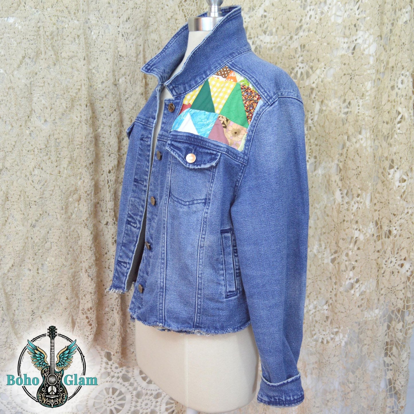 Upcycled Denim Jacket, Sunshine Patchwork, Boho Festival Jean Jacket, XXL