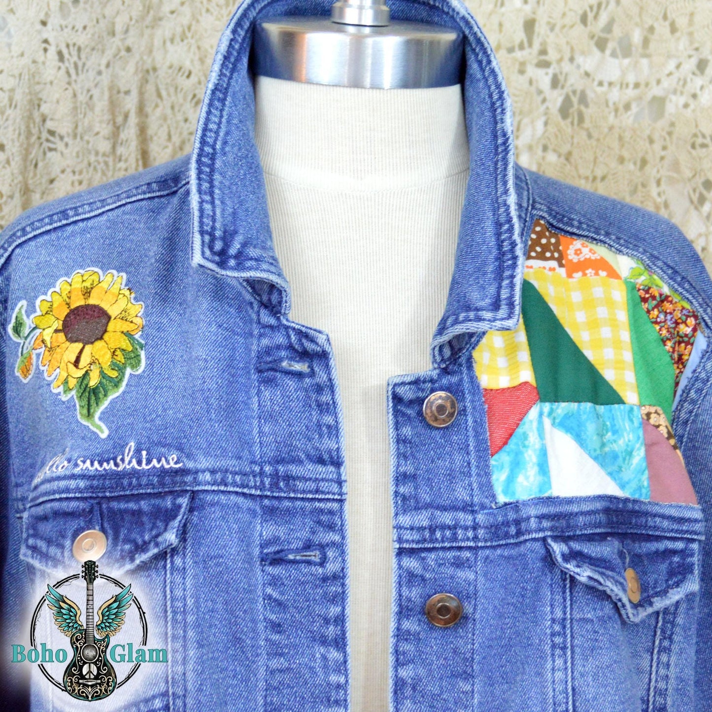 Upcycled Denim Jacket, Sunshine Patchwork, Boho Festival Jean Jacket, XXL