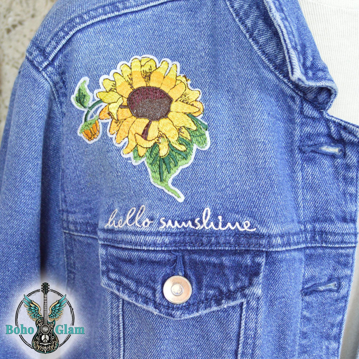 Upcycled Denim Jacket, Sunshine Patchwork, Boho Festival Jean Jacket, XXL