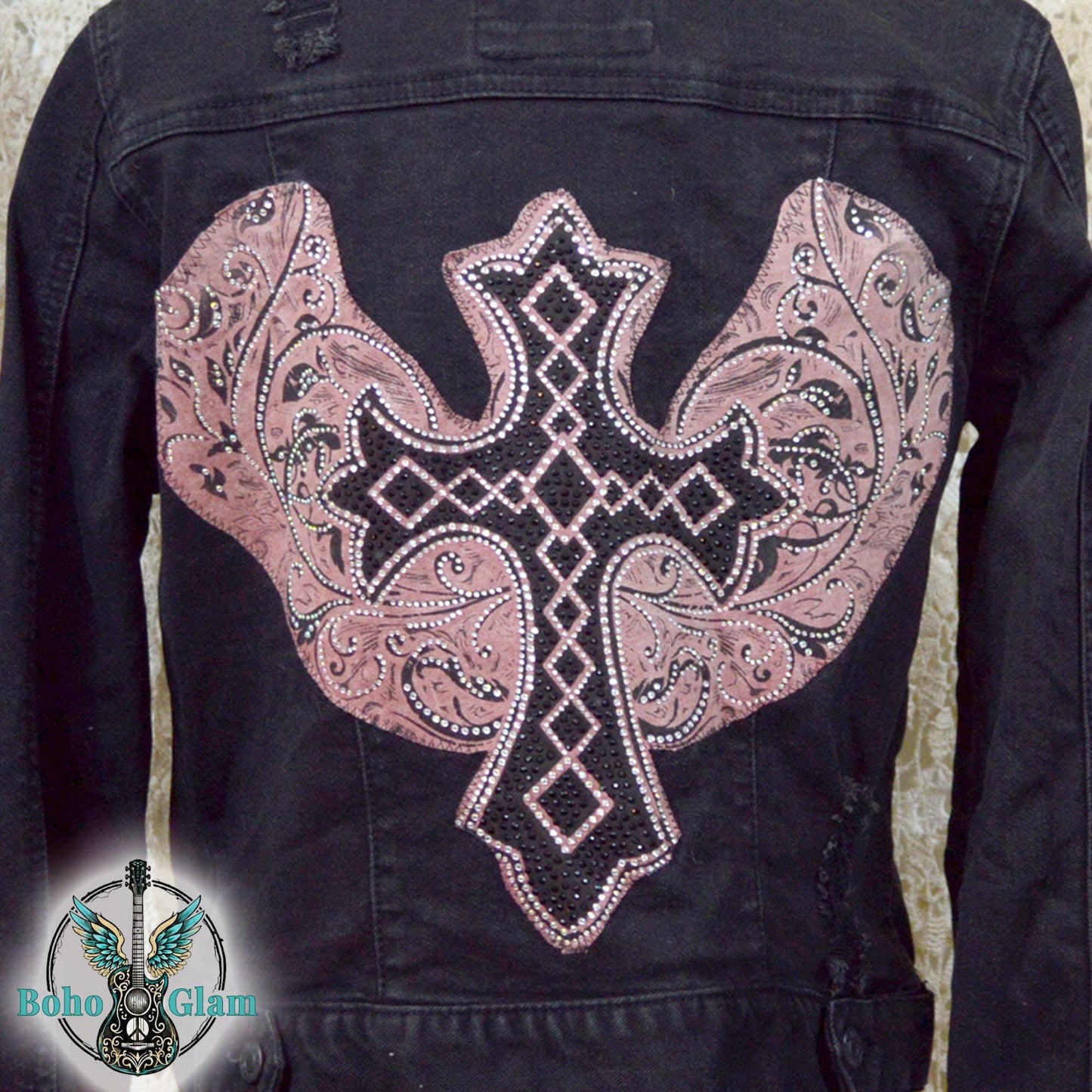 Cropped Black Denim Jacket, Crystal Cross Embellished, Upcycled Boho Style