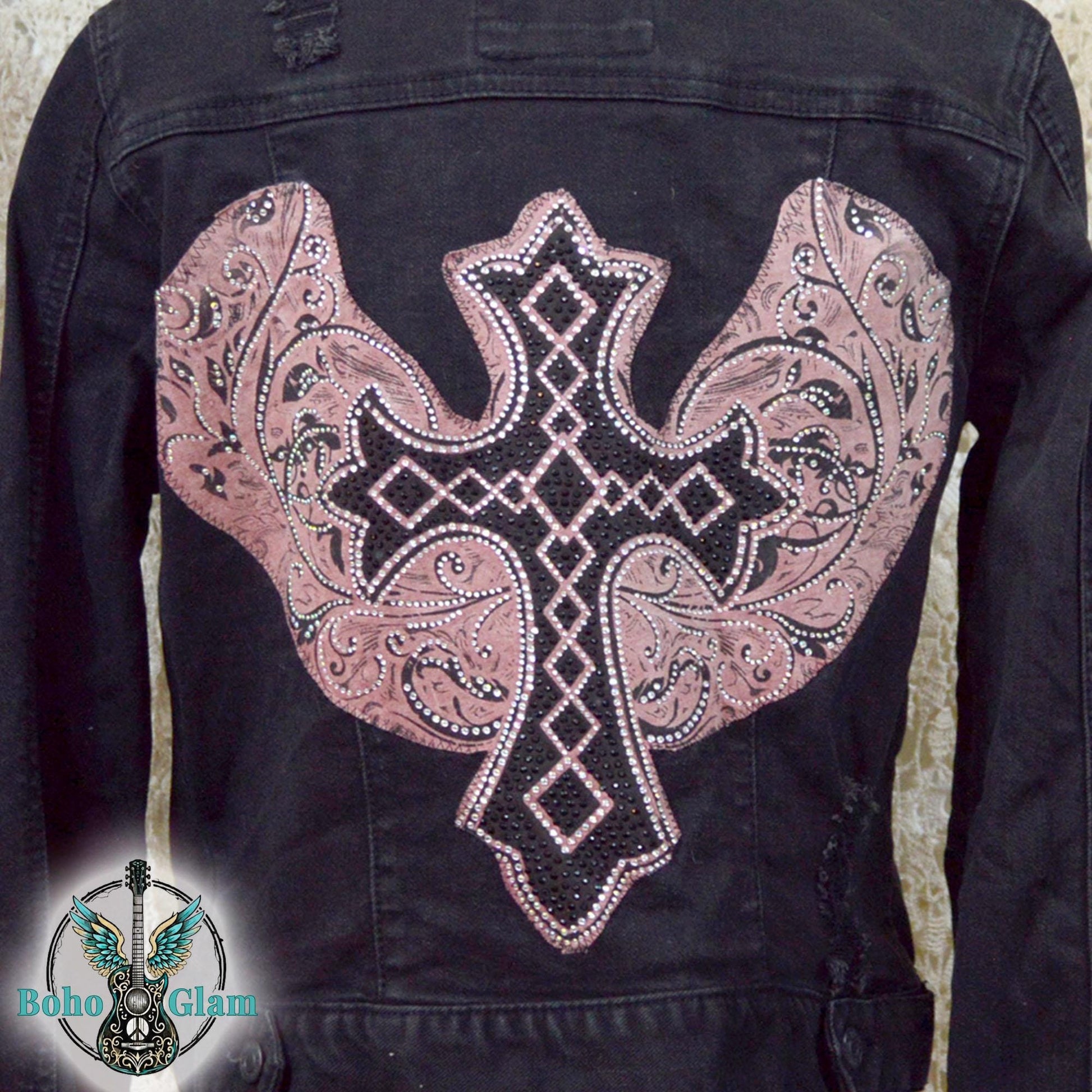 Cropped Black Denim Jacket, Crystal Cross Embellished, Upcycled Boho Style