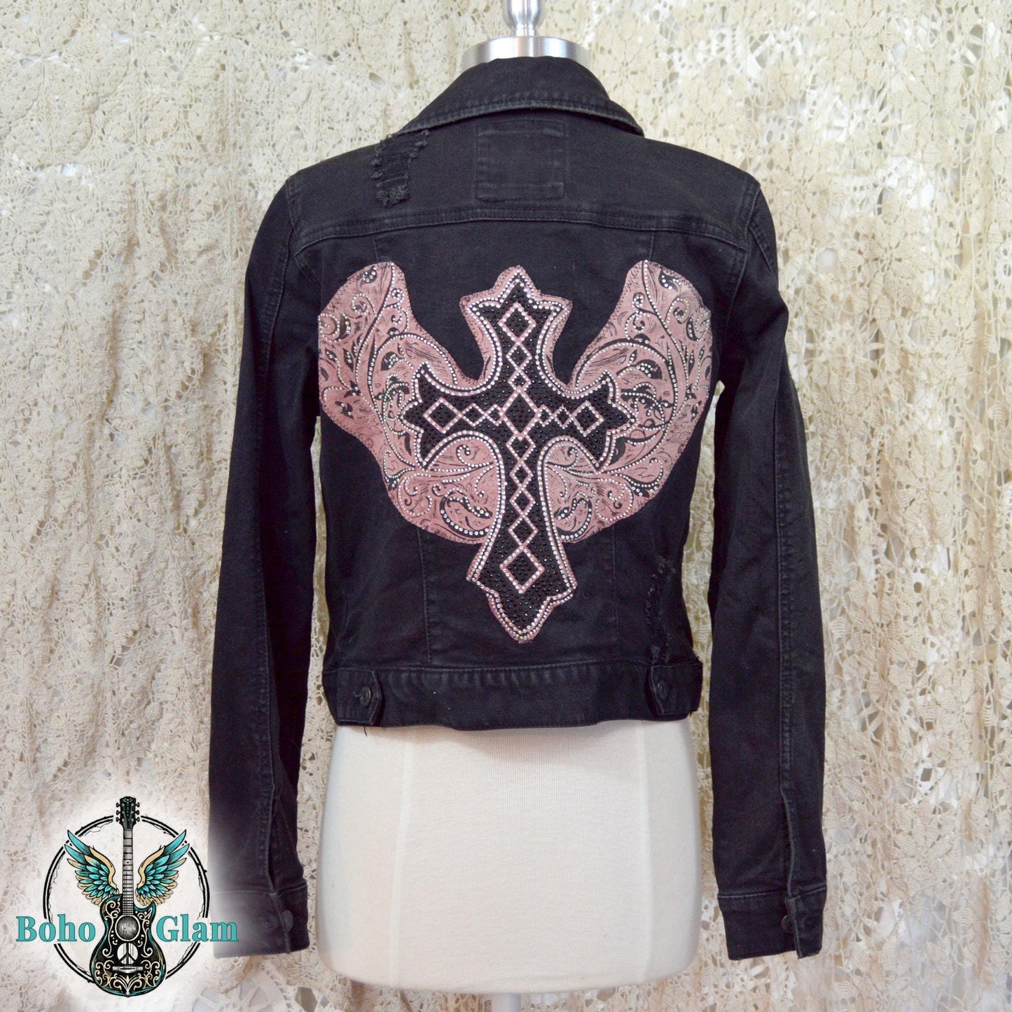 Cropped Black Denim Jacket, Crystal Cross Embellished, Upcycled Boho Style
