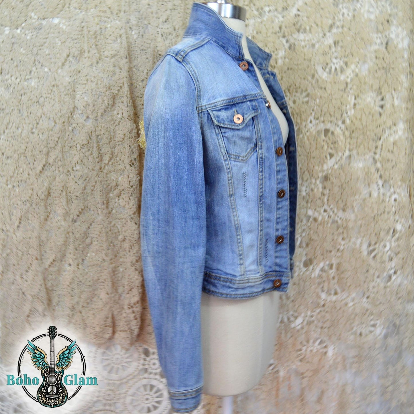 Upcycled Leopard Heart Jacket, Gold Fringe, Boho Festival Style, Size 6
