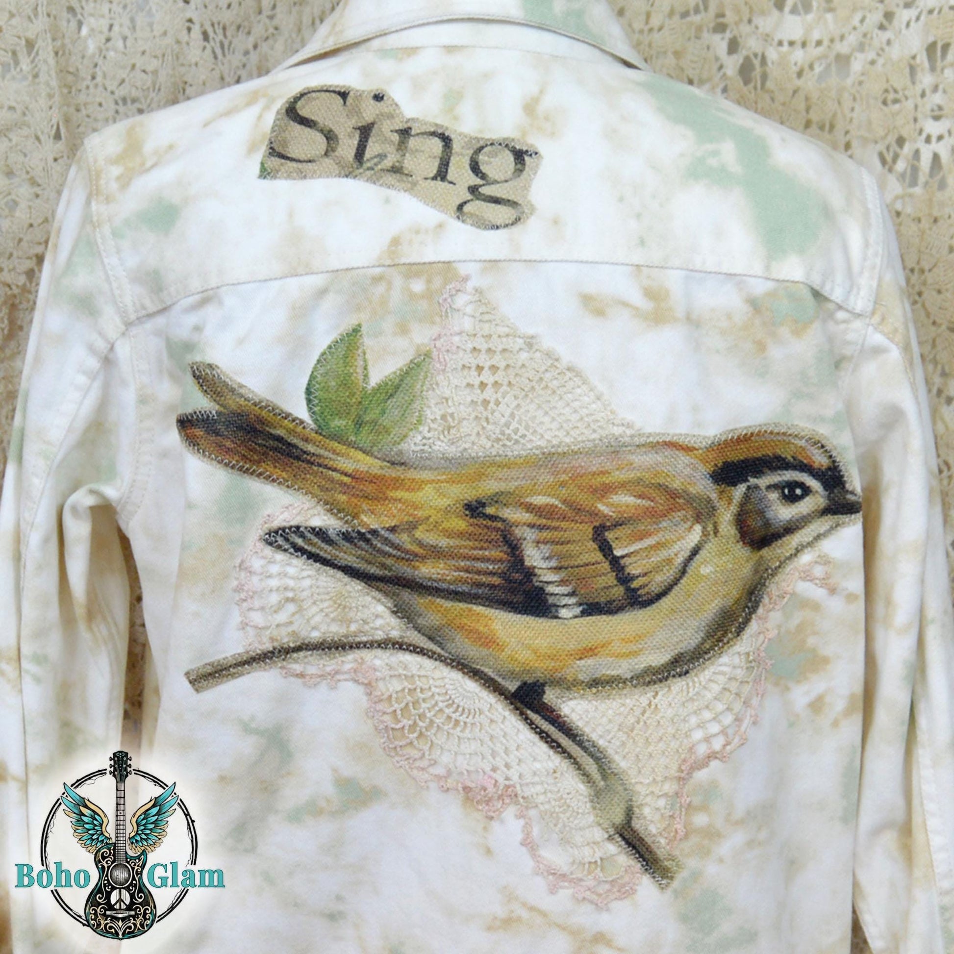 Upcycled Tie Dye Denim Jacket, Watercolor Bird, Lace Appliqué, Boho Festival Wear, Size XL