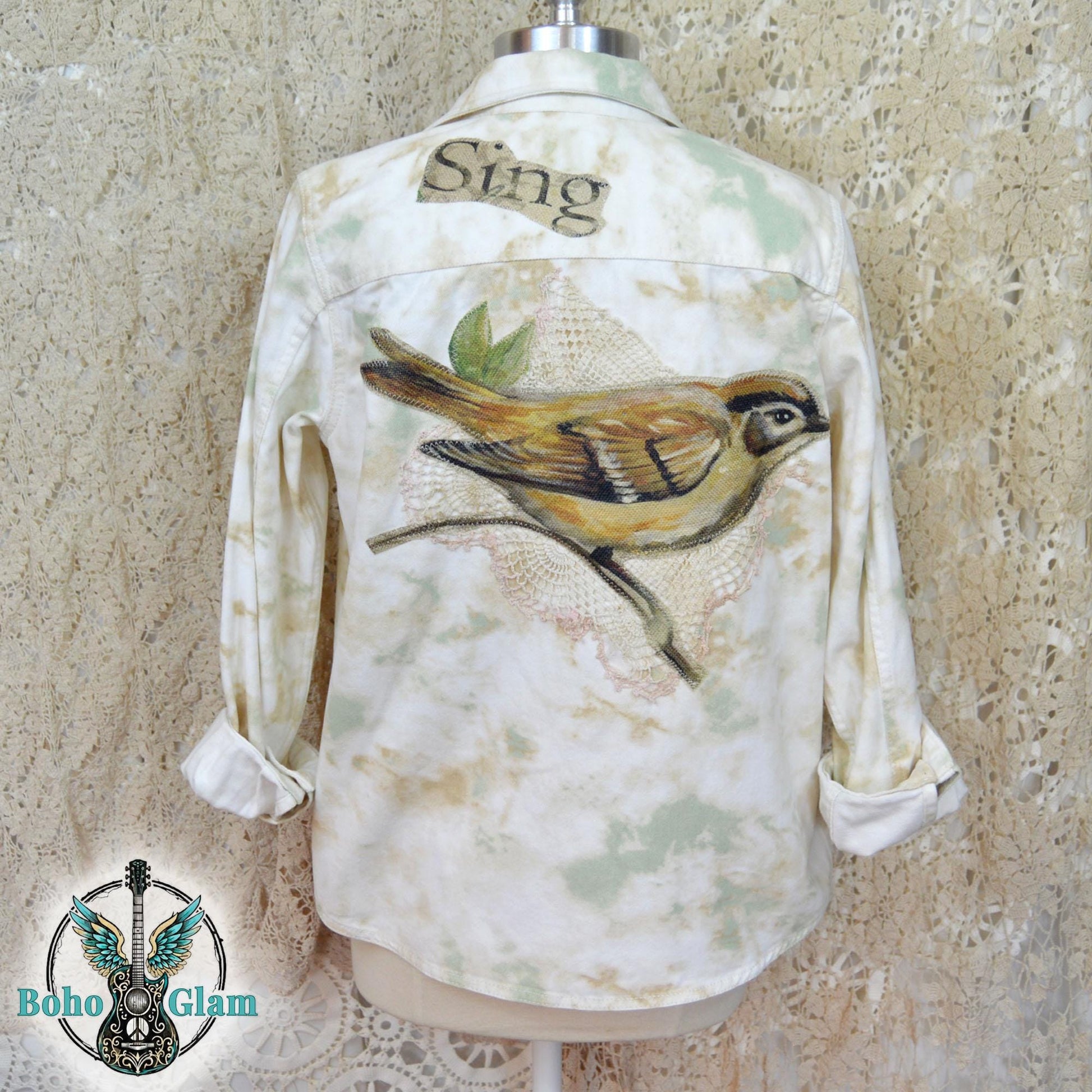 Upcycled Tie Dye Denim Jacket, Watercolor Bird, Lace Appliqué, Boho Festival Wear, Size XL