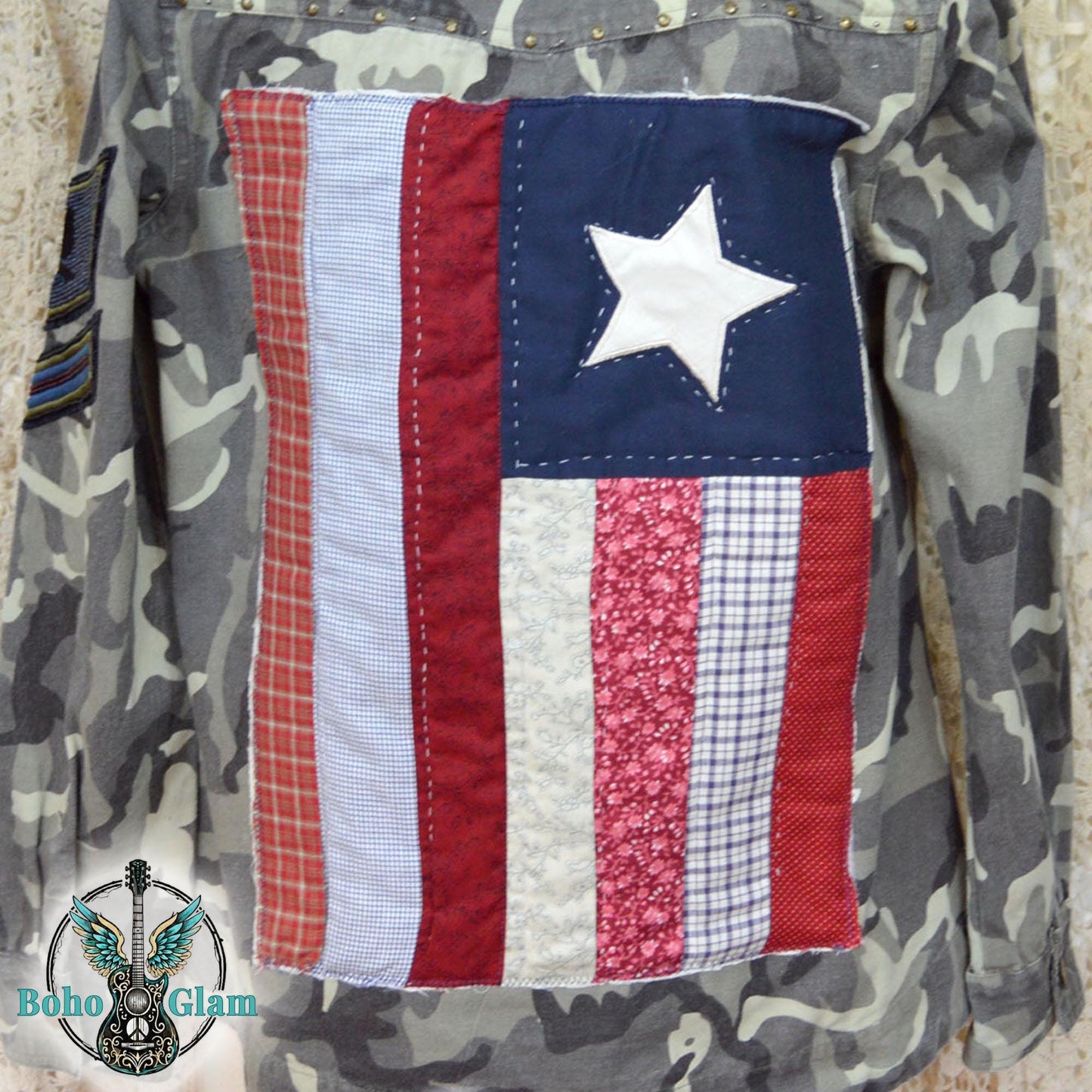 Upcycled Camo Jacket, Quilted American Flag Appliqué, Boho Military Style, Stars & Stories