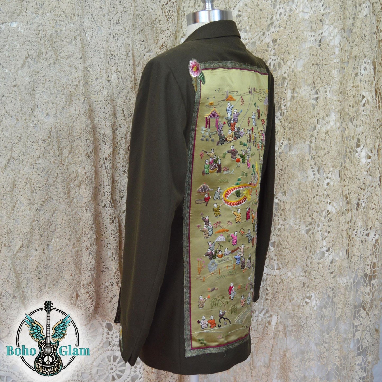 Upcycled Asian Tapestry Blazer, Embroidered Boho Statement Jacket, Wearable Art