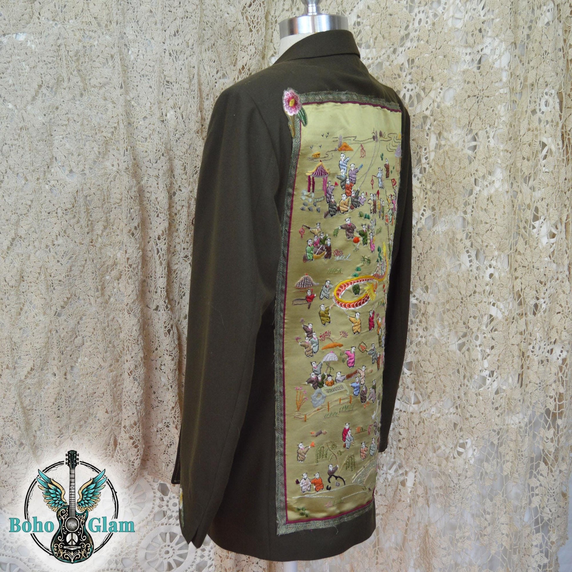 Upcycled Asian Tapestry Blazer, Embroidered Boho Statement Jacket, Wearable Art
