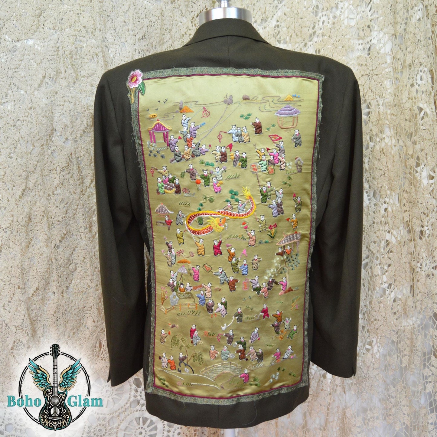 Upcycled Asian Tapestry Blazer, Embroidered Boho Statement Jacket, Wearable Art