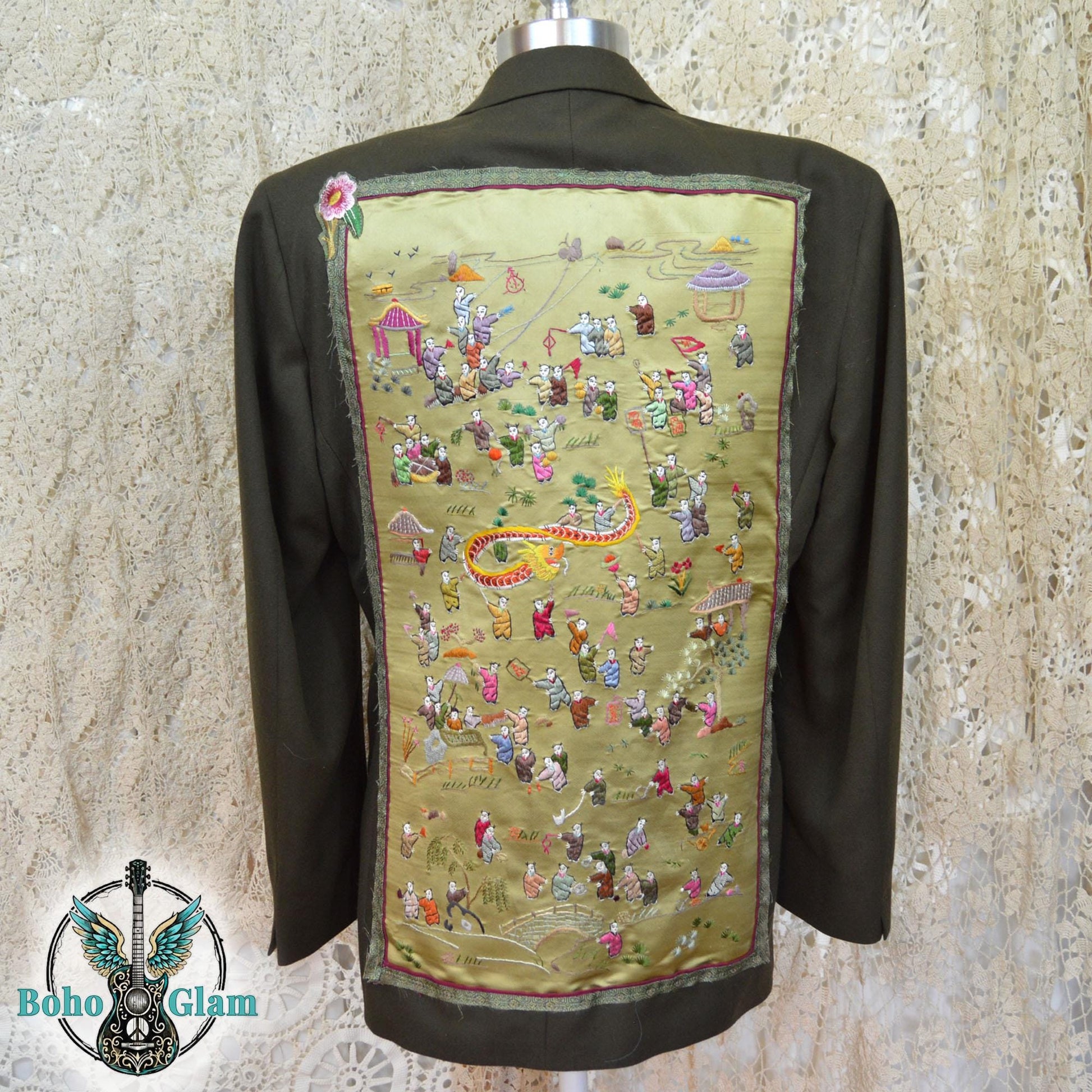 Upcycled Asian Tapestry Blazer, Embroidered Boho Statement Jacket, Wearable Art