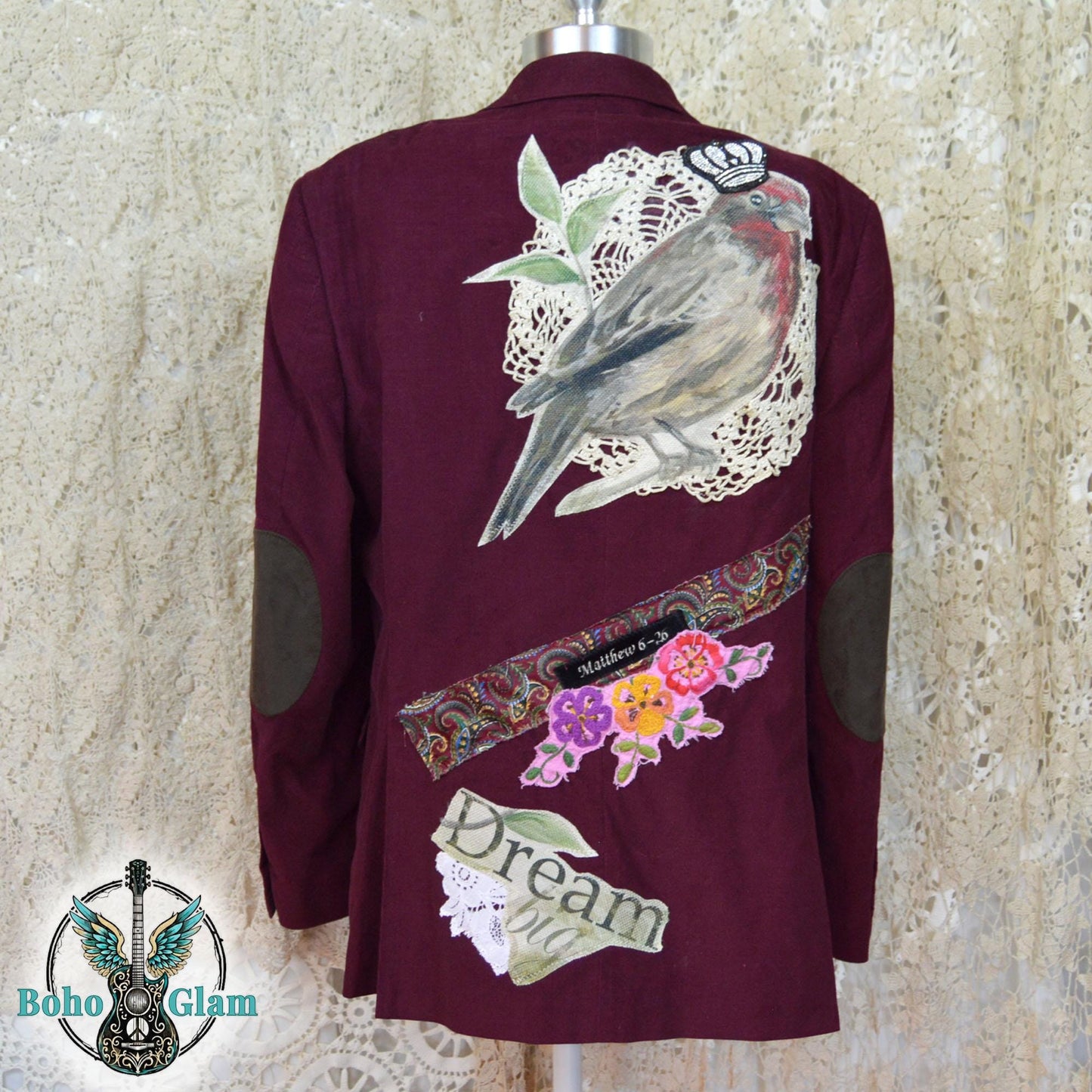 Upcycled Corduroy Blazer, Watercolor Bird Art, Boho Faith Worn Original Jacket, Size L