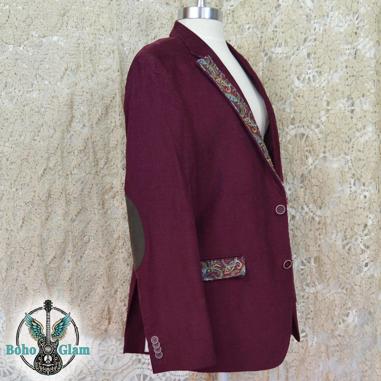 Upcycled Corduroy Blazer, Watercolor Bird Art, Boho Faith Worn Original Jacket, Size L
