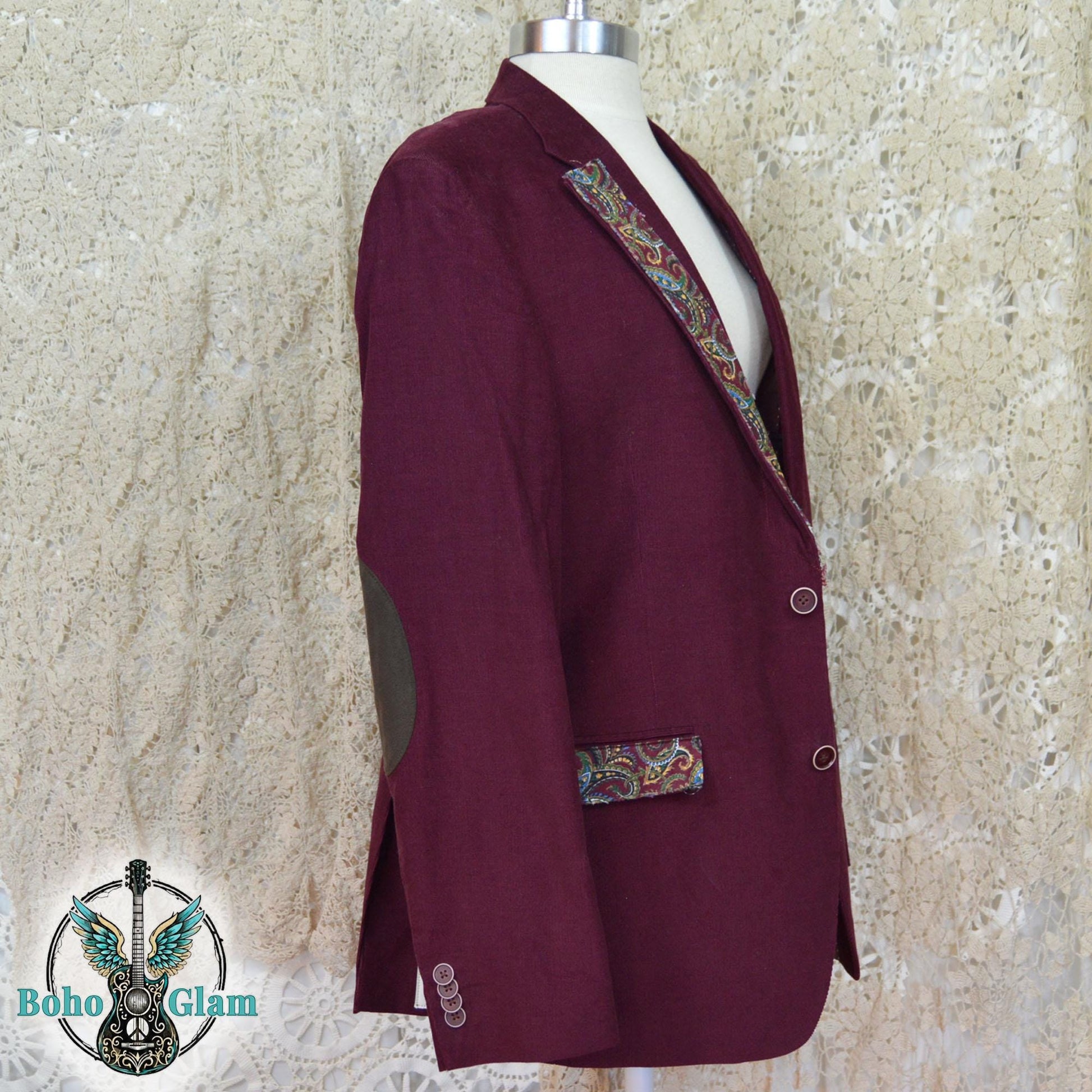 Upcycled Corduroy Blazer, Watercolor Bird Art, Boho Faith Worn Original Jacket, Size L