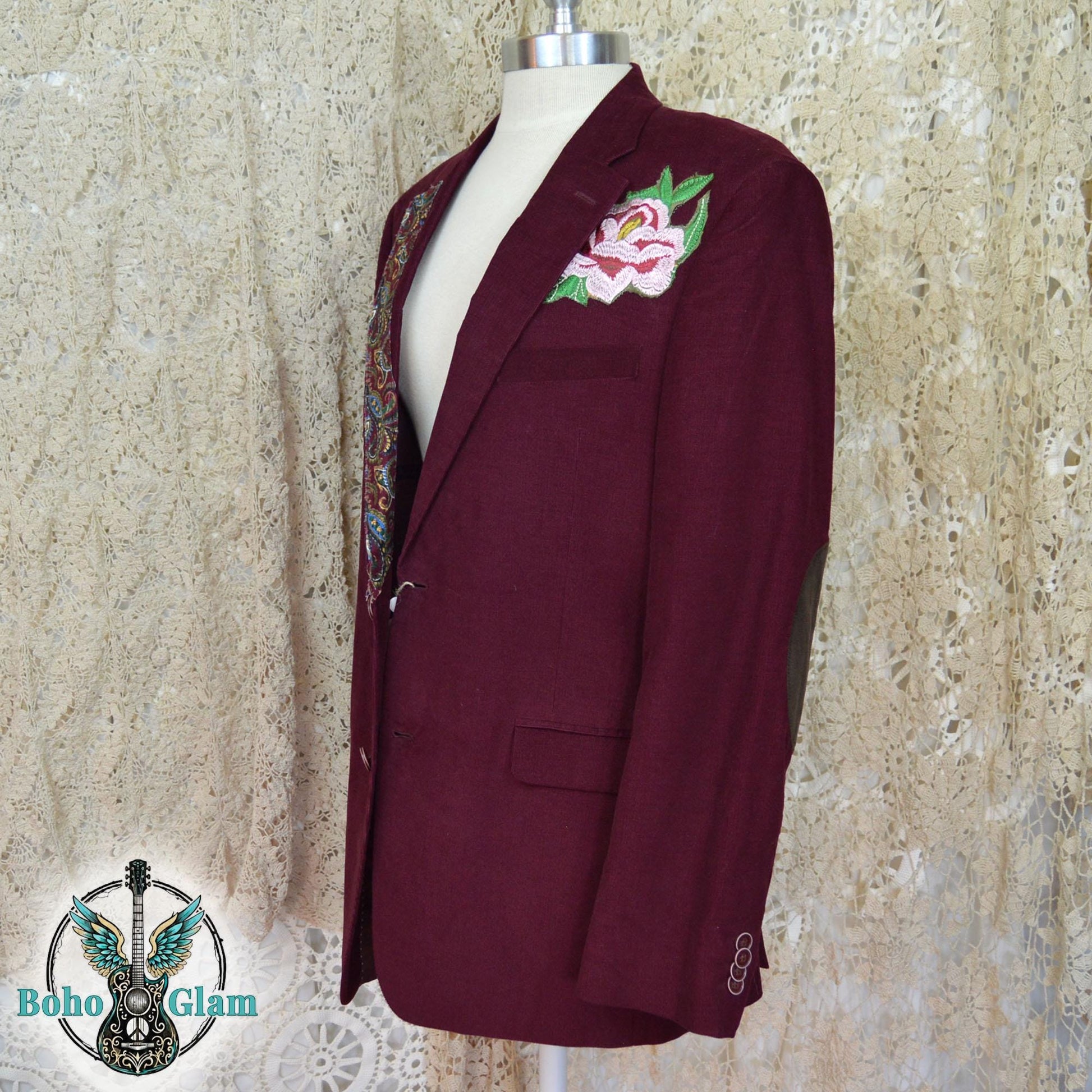 Upcycled Corduroy Blazer, Watercolor Bird Art, Boho Faith Worn Original Jacket, Size L
