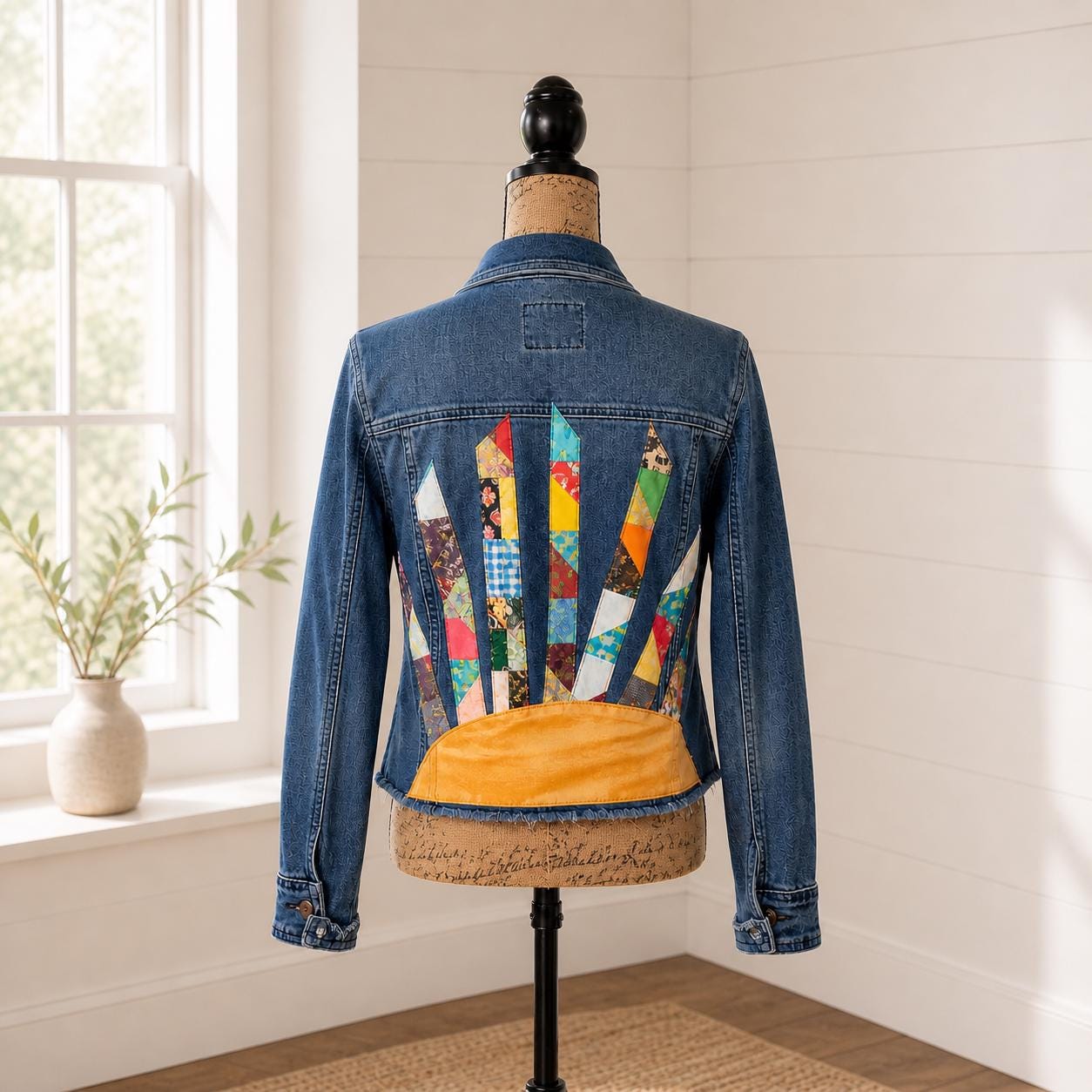 Upcycled Denim Jacket, Sunshine Patchwork, Boho Festival Jean Jacket, XXL