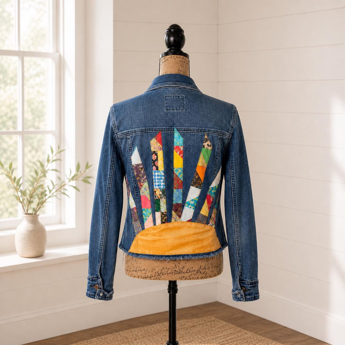 Upcycled Denim Jacket, Sunshine Patchwork, Boho Festival Jean Jacket, XXL