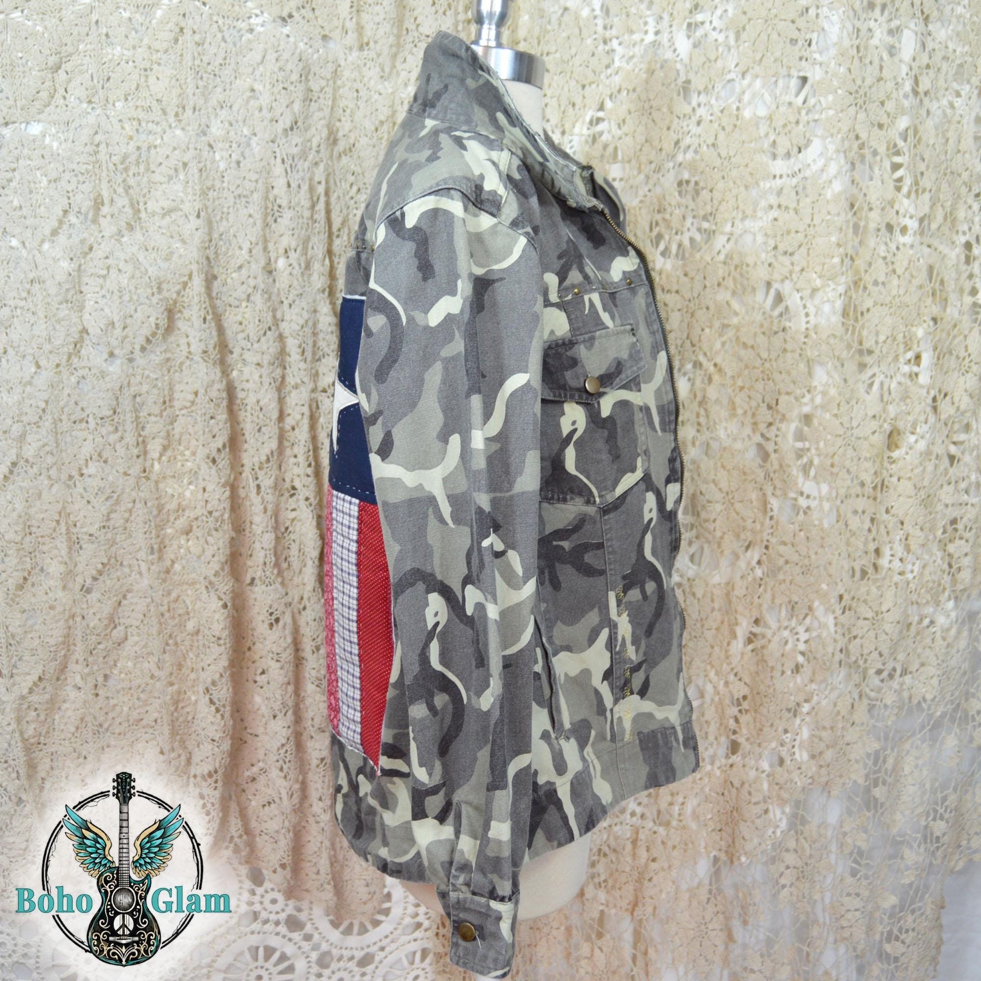 Upcycled Camo Jacket, Quilted American Flag Appliqué, Boho Military Style, Stars & Stories