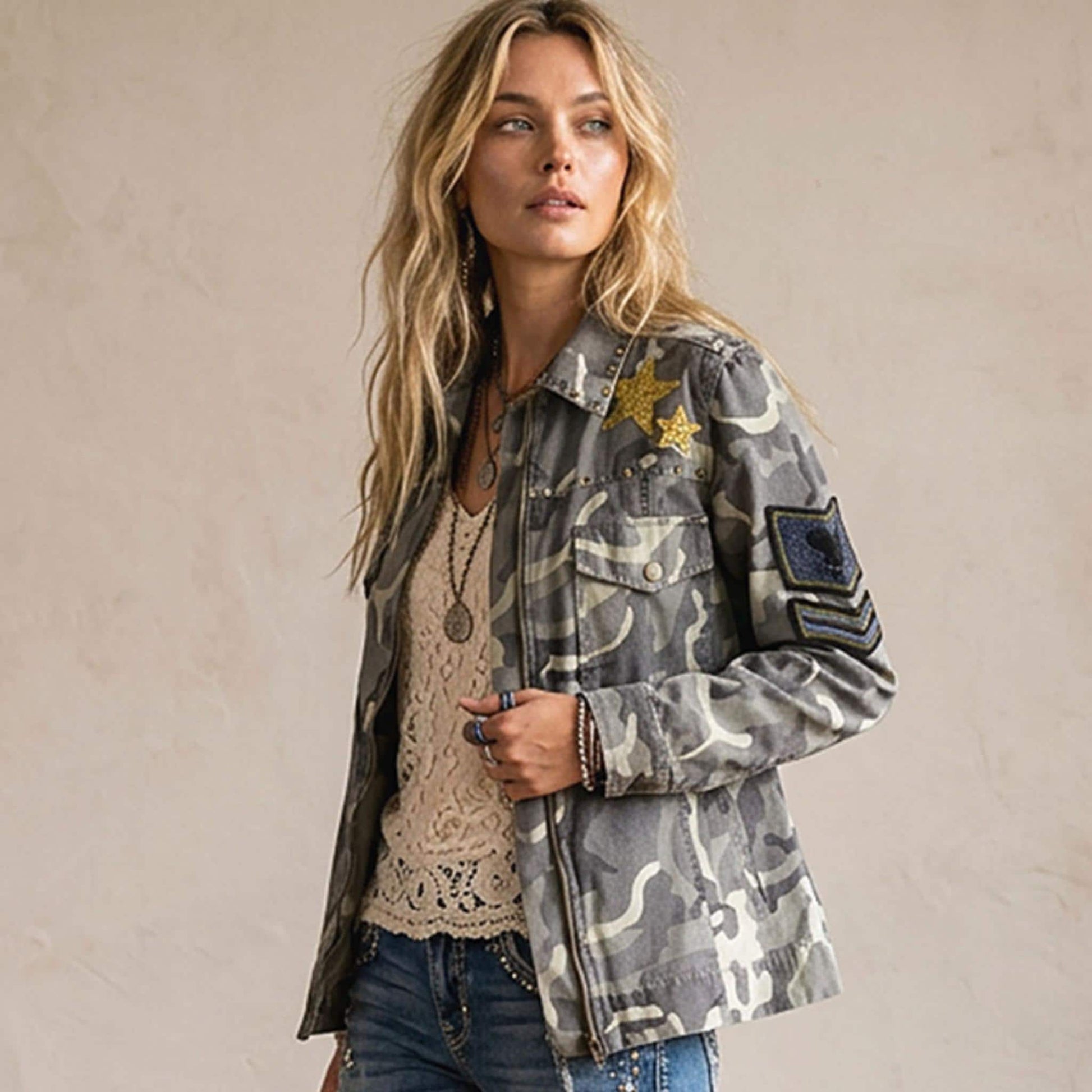 Upcycled Camo Jacket, Quilted American Flag Appliqué, Boho Military Style, Stars & Stories