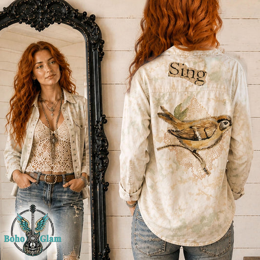 Upcycled Tie Dye Denim Jacket, Watercolor Bird, Lace Appliqué, Boho Festival Wear, Size XL