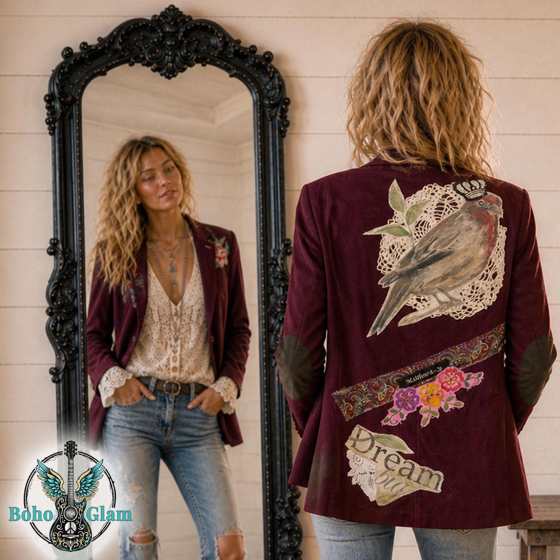 Upcycled Corduroy Blazer, Watercolor Bird Art, Boho Faith Worn Original Jacket, Size L