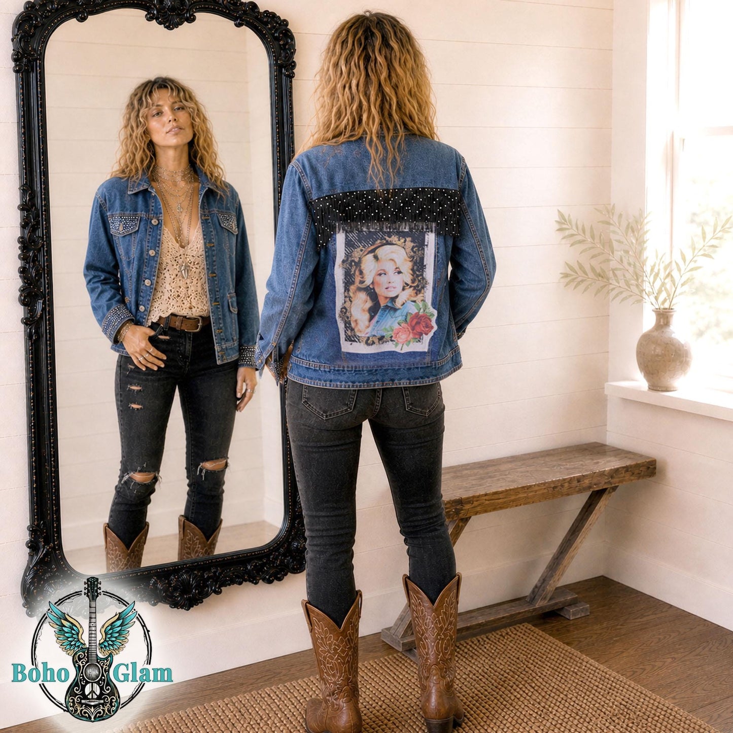 Dolly Inspired Denim Jacket, Upcycled Sequin Fringe Concert Wear