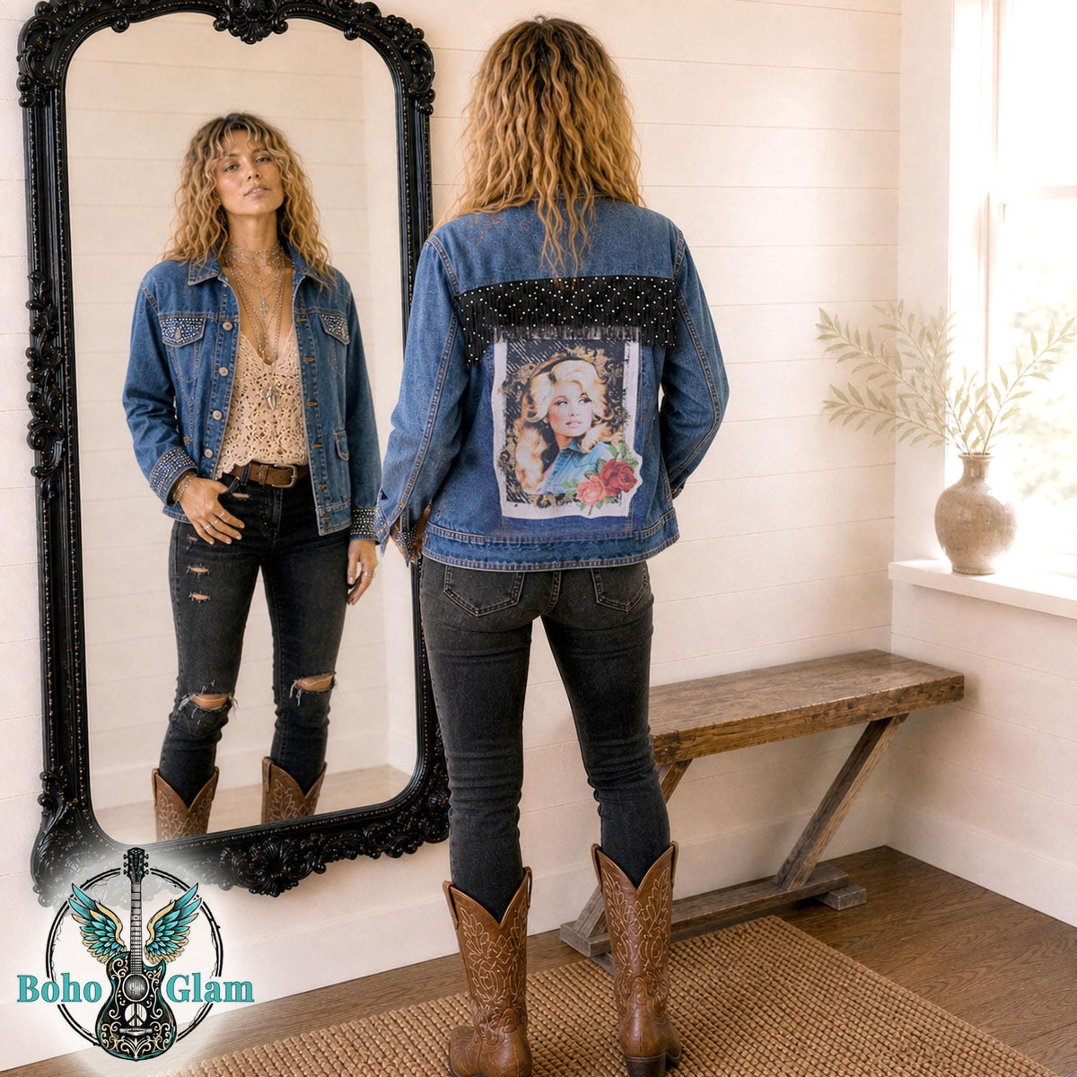 Dolly Inspired Denim Jacket, Upcycled Sequin Fringe Concert Wear