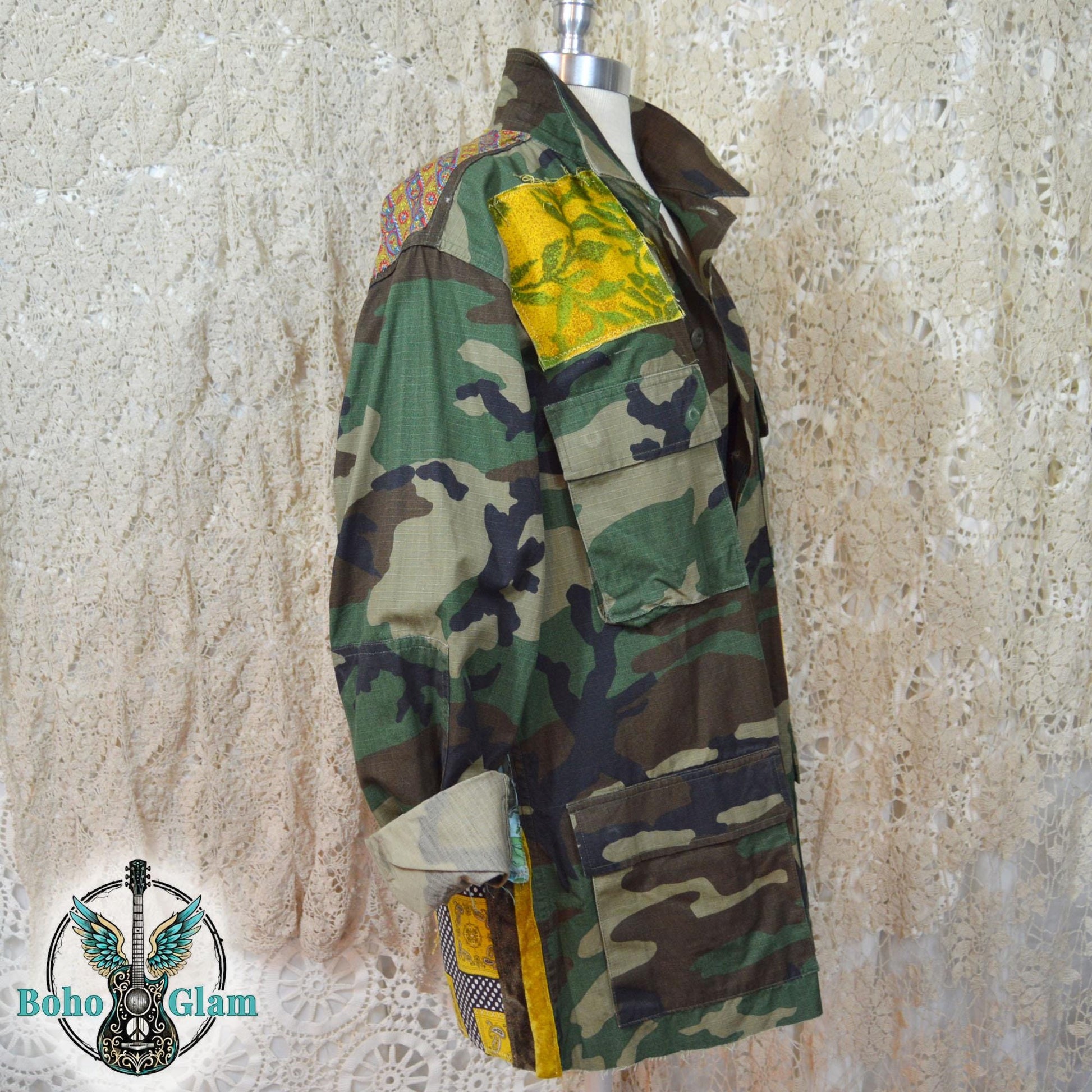 Upcycled Patchwork Camo Jacket, Boho Peace Sign Military Coat, Wearable Art (M/L)