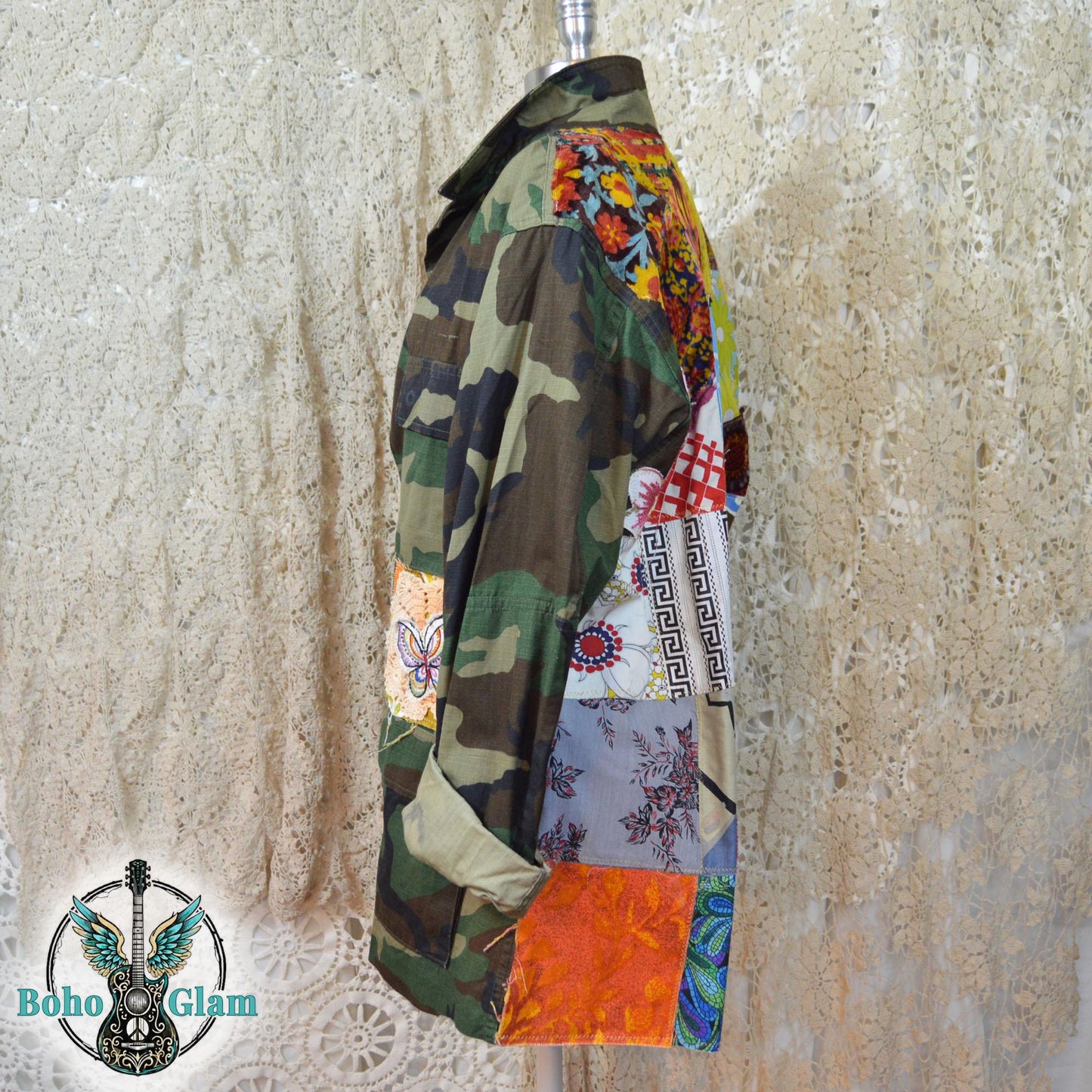 Upcycled Patchwork Camo Jacket, Boho Peace Sign Military Coat, Wearable Art (M/L)