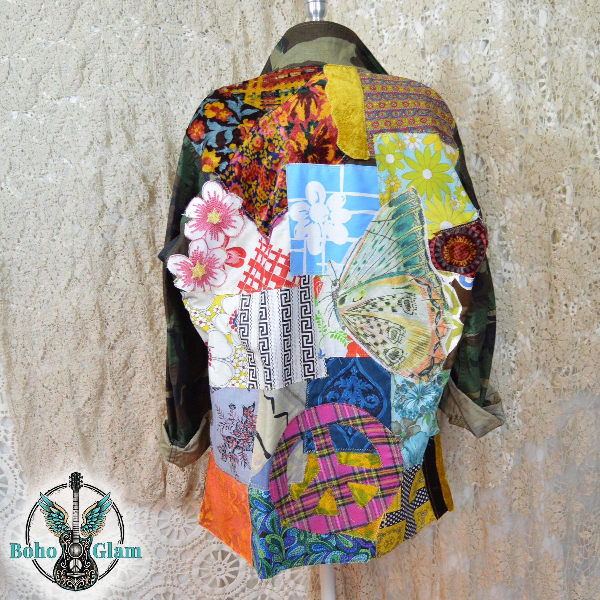 Upcycled Patchwork Camo Jacket, Boho Peace Sign Military Coat, Wearable Art (M/L)
