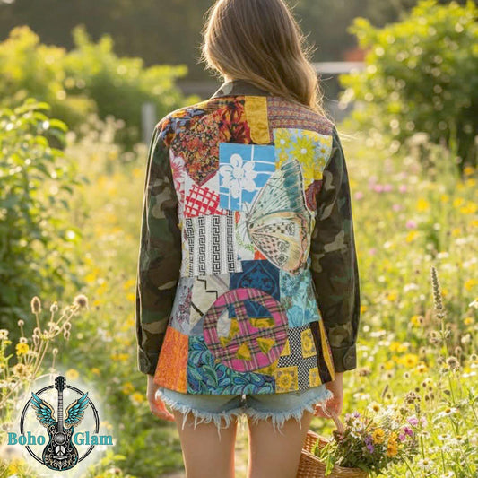 Upcycled Patchwork Camo Jacket, Boho Peace Sign Military Coat, Wearable Art (M/L)