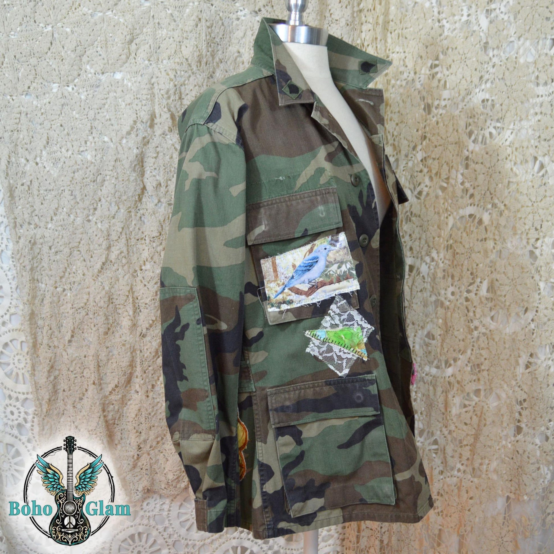 Upcycled Camo Patchwork Jacket, Boho Floral Applique Military Wearable Art