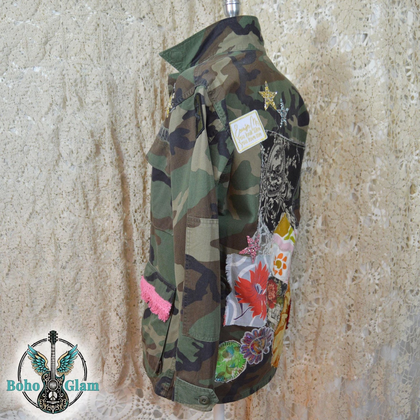 Camo Patchwork Jacket, Upcycled, Boho Floral Applique, Military Wearable Art