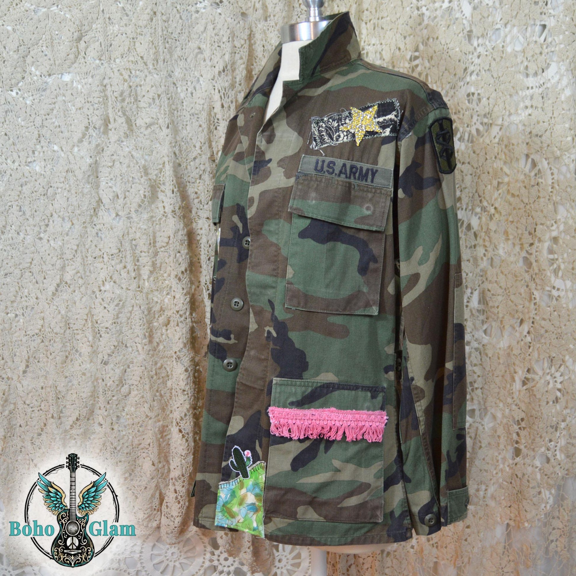 Upcycled Camo Patchwork Jacket, Boho Floral Applique Military Wearable Art