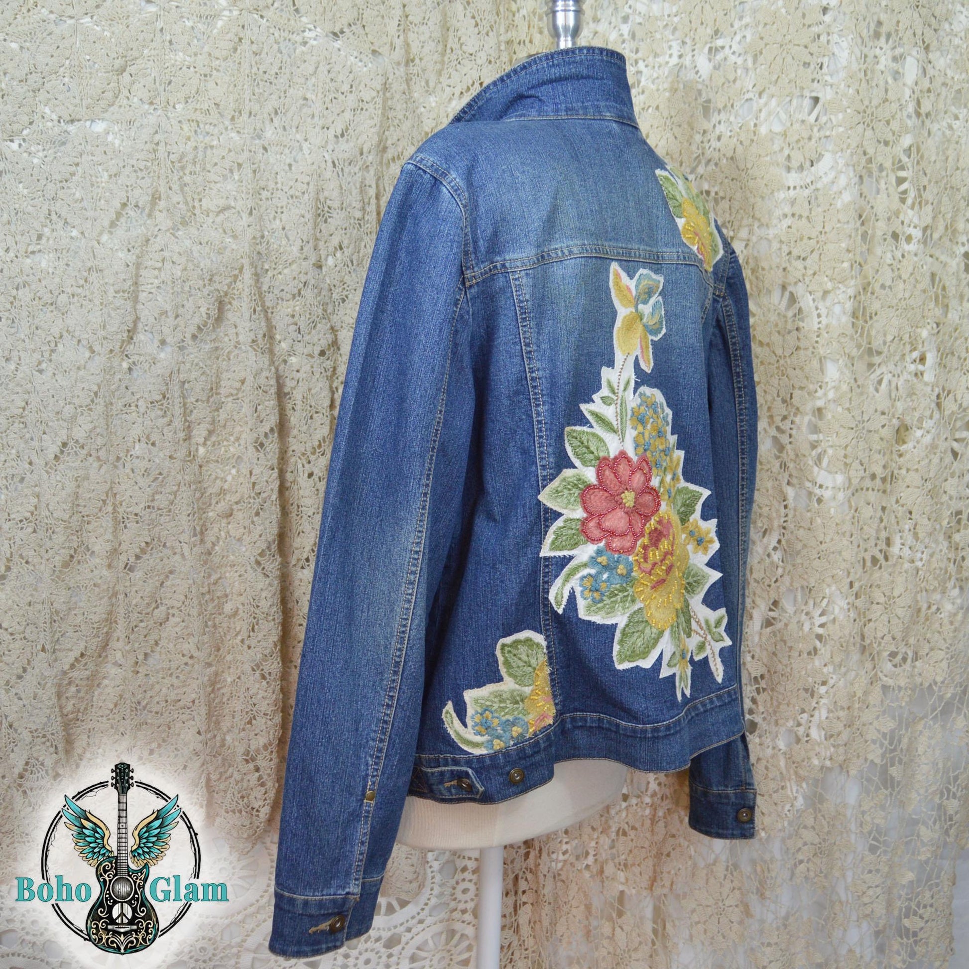 Embroidered Floral Denim Jacket, XL, Upcycled Boho Jean Jacket, Statement Back